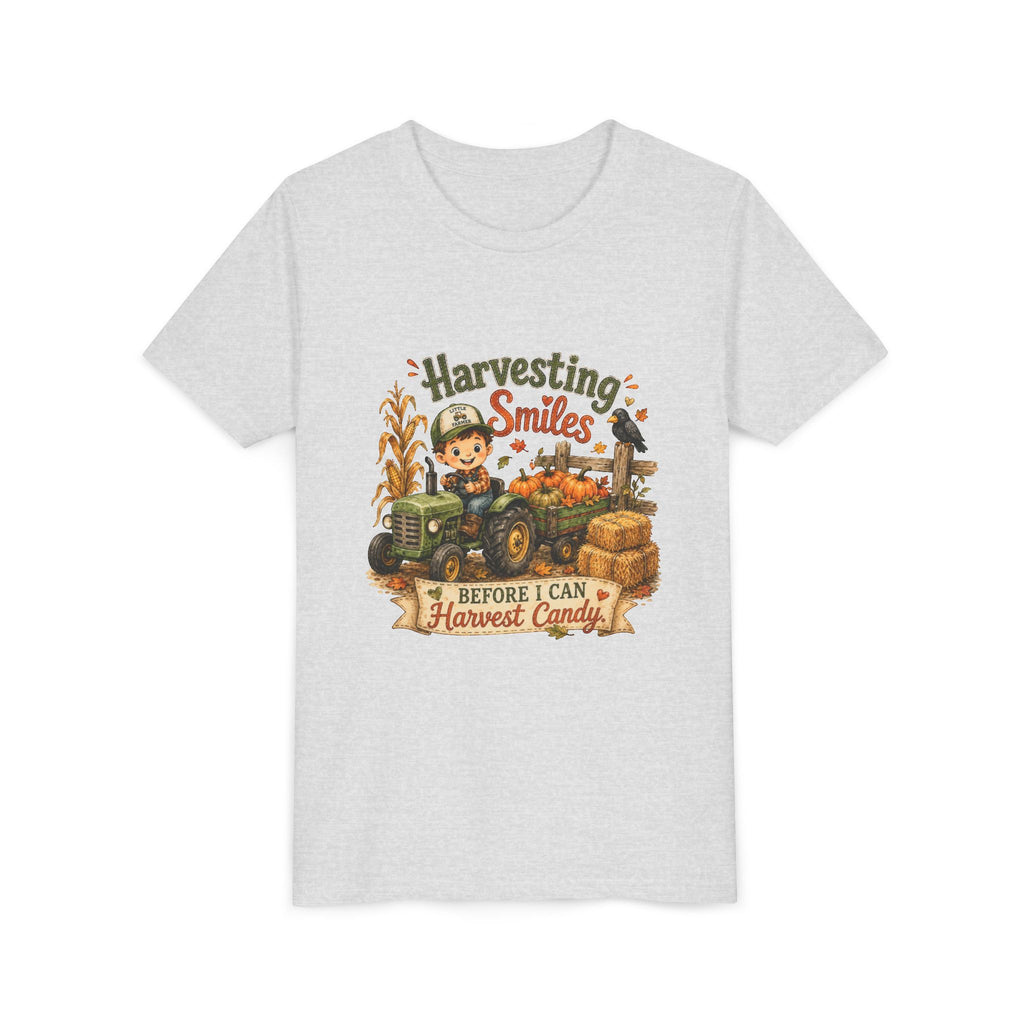 "Harvesting Smiles Before I Can Harvest Candy" Fall Tractor Halloween Kids Shirt — Youth Tee