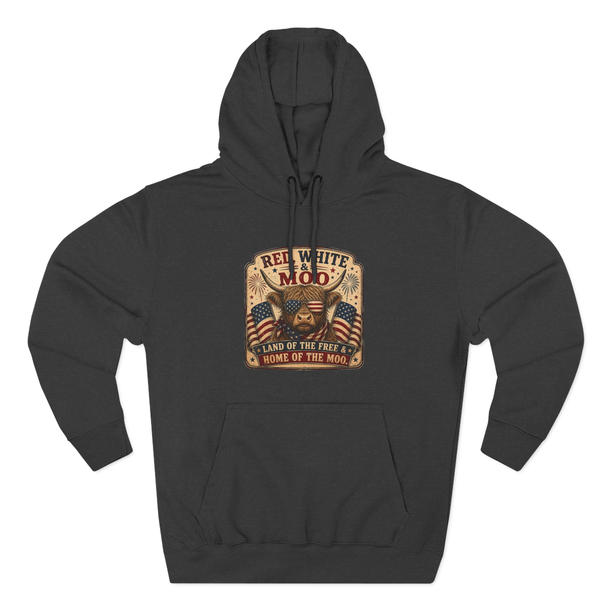 Red, White, & Moo Highland Cow Three-Panel Fleece Hoodie