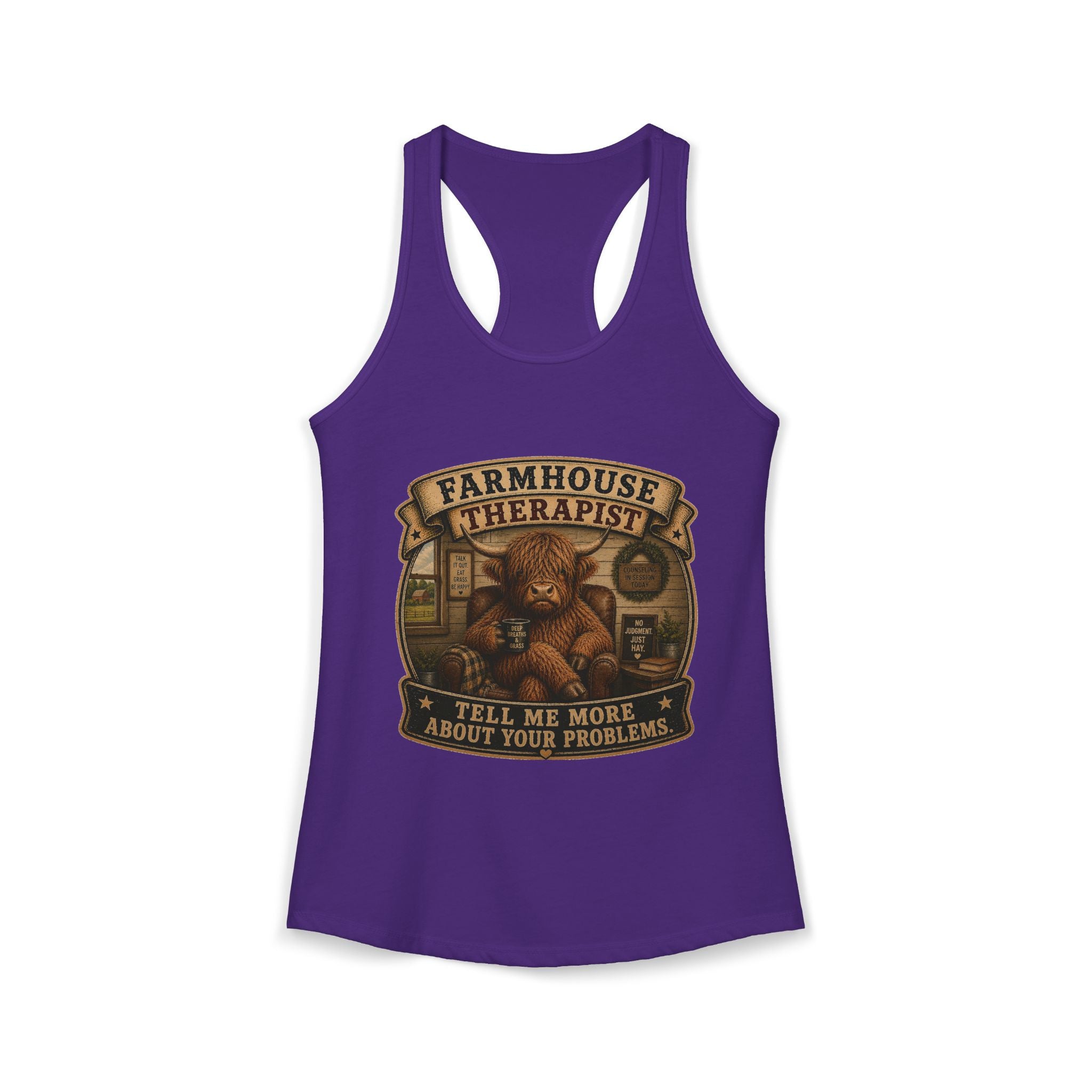 Farmhouse Therapist Highland Cow Women's Ideal Racerback Tank