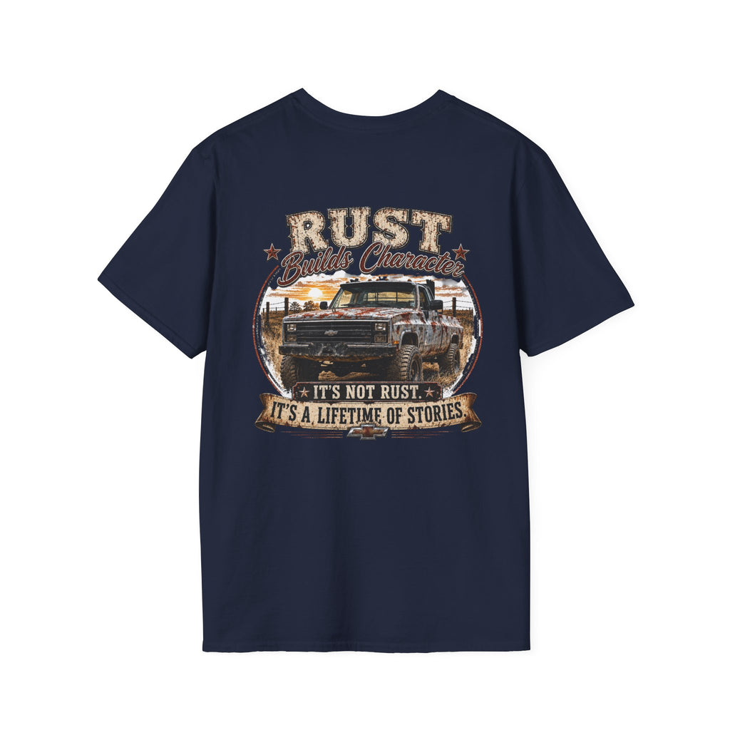 Rust Builds Character - Chevrolet K30 Vintage Truck Pocket T‑Shirt