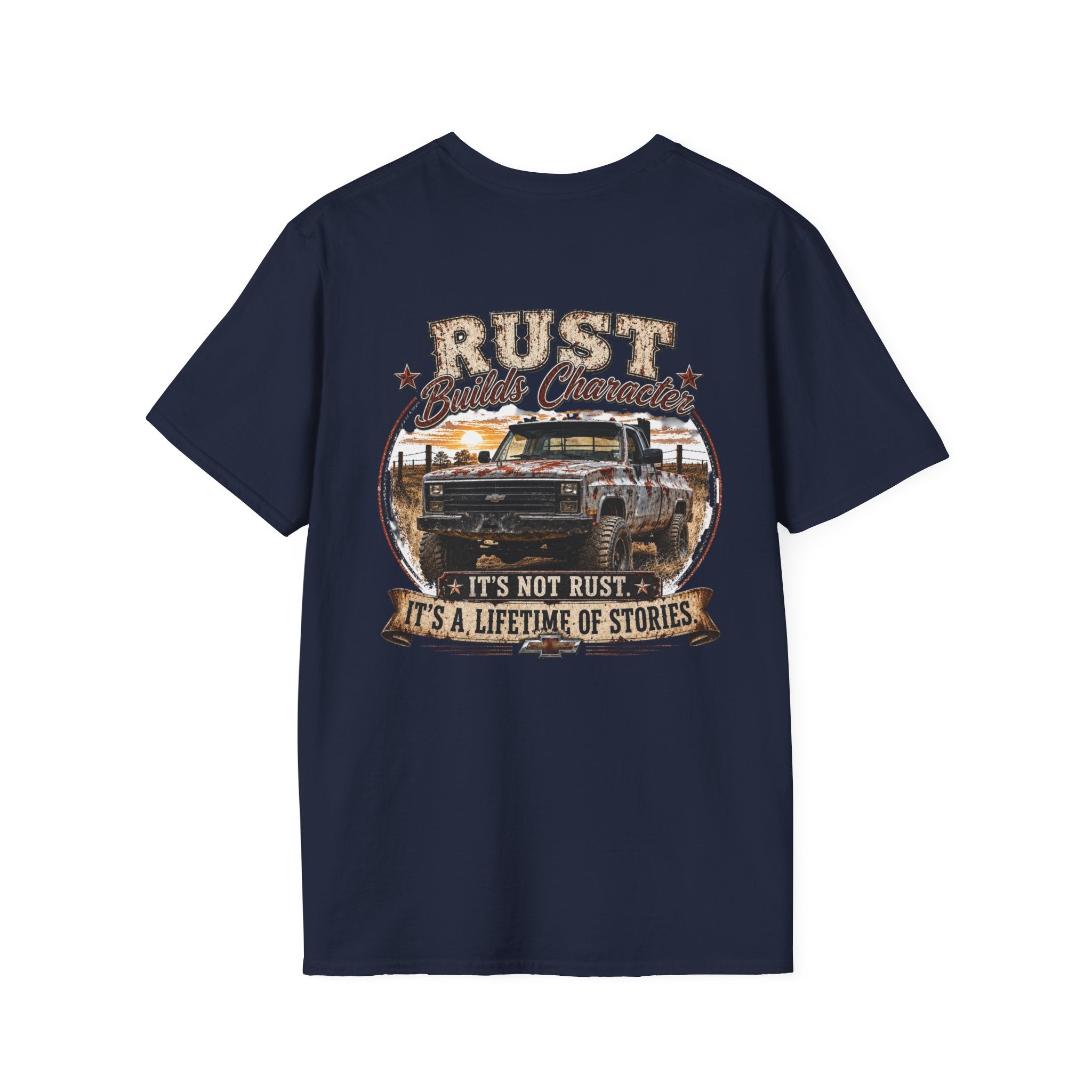 Rust Builds Character - Chevrolet K30 Vintage Truck Pocket T‑Shirt