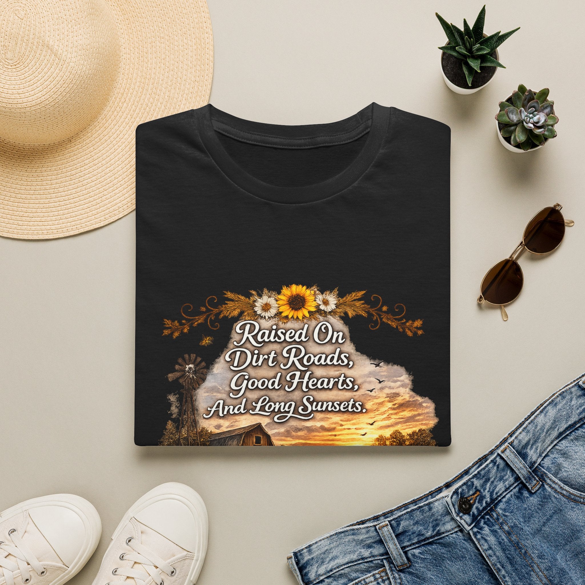 "Raised On Dirt Roads, Good Hearts, And Long Sunsets" Rustic Country Tee — T-Shirt