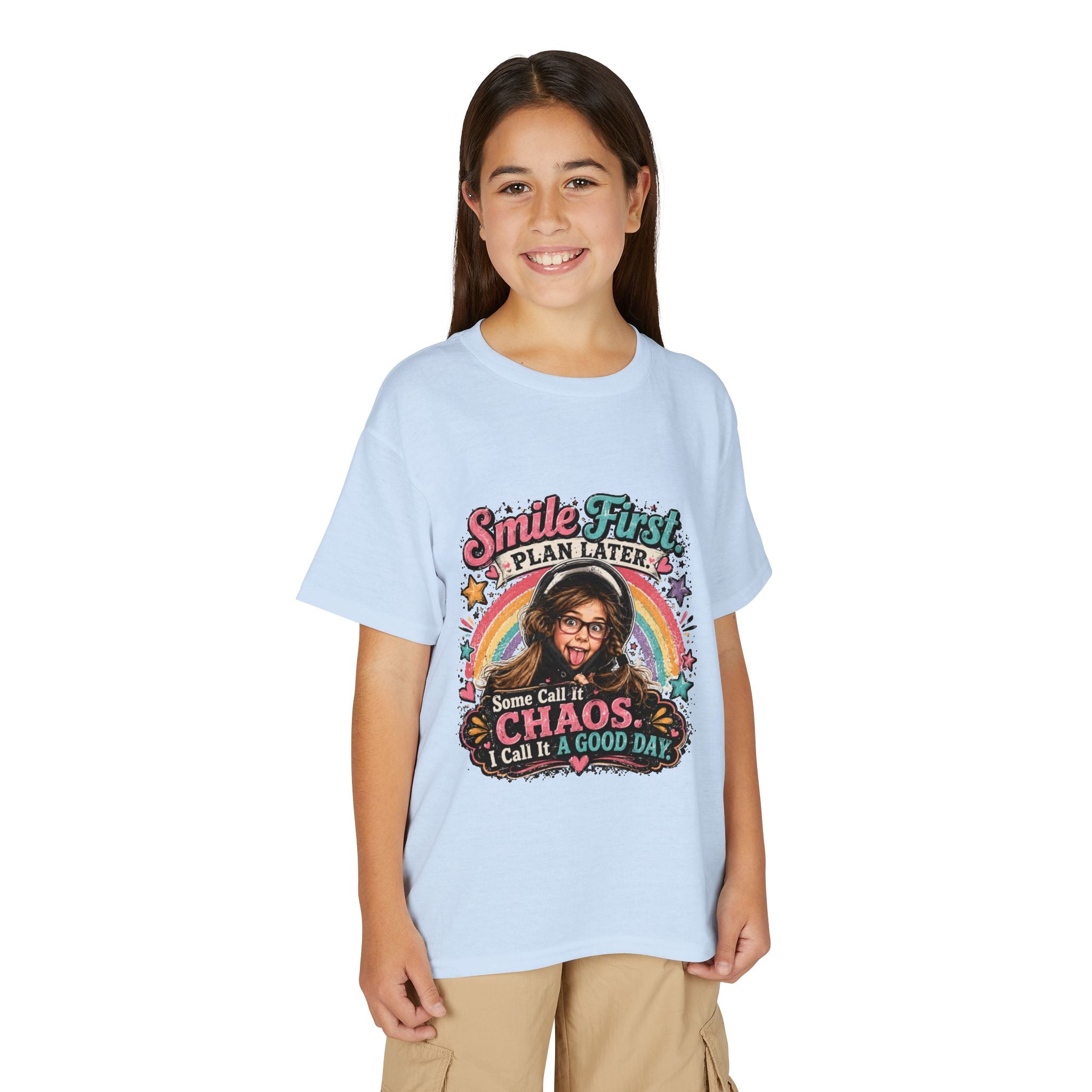 "Smile First, Plan Later" Funny Chaos Rainbow Kids Tee — Youth T-Shirt