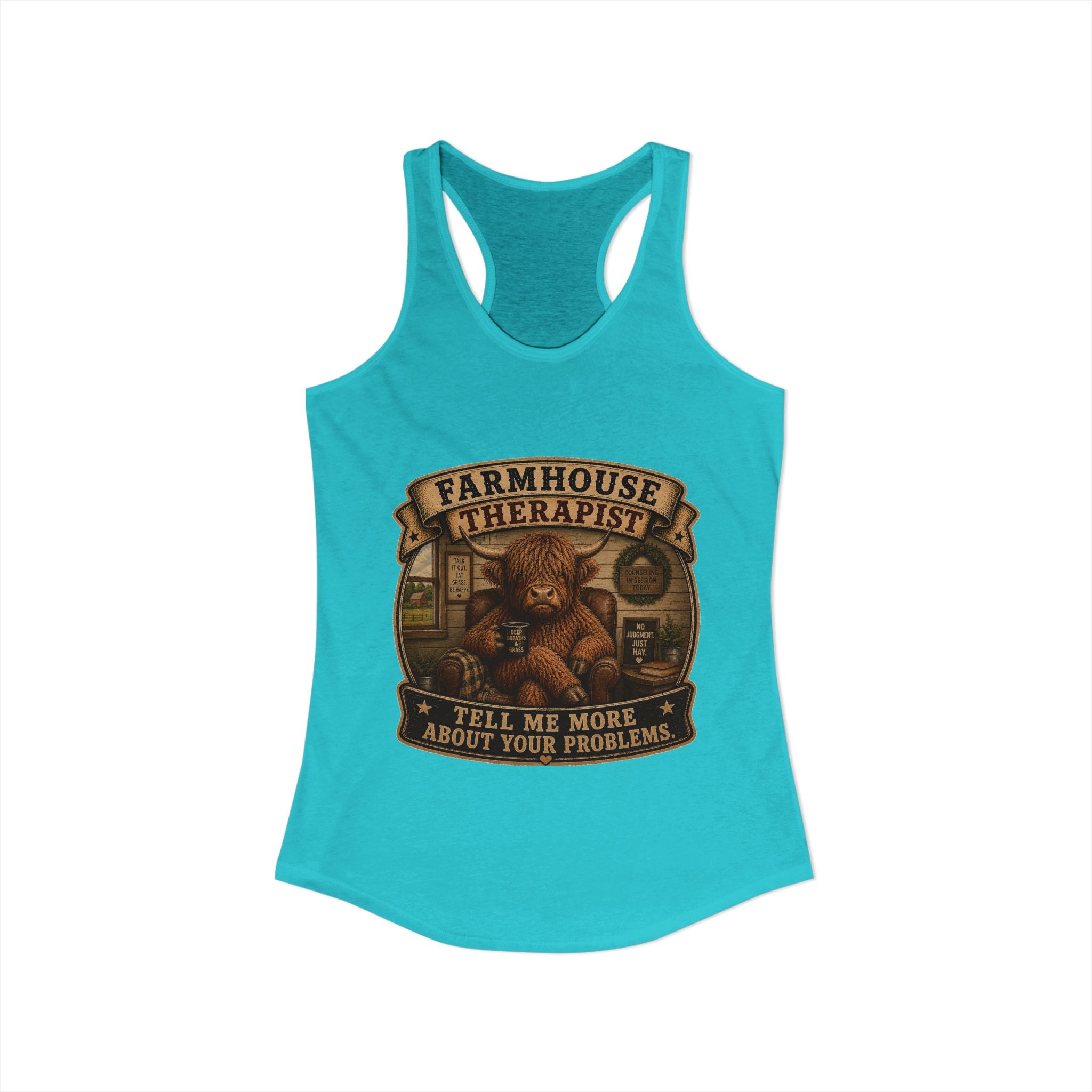 Farmhouse Therapist Highland Cow Women's Ideal Racerback Tank