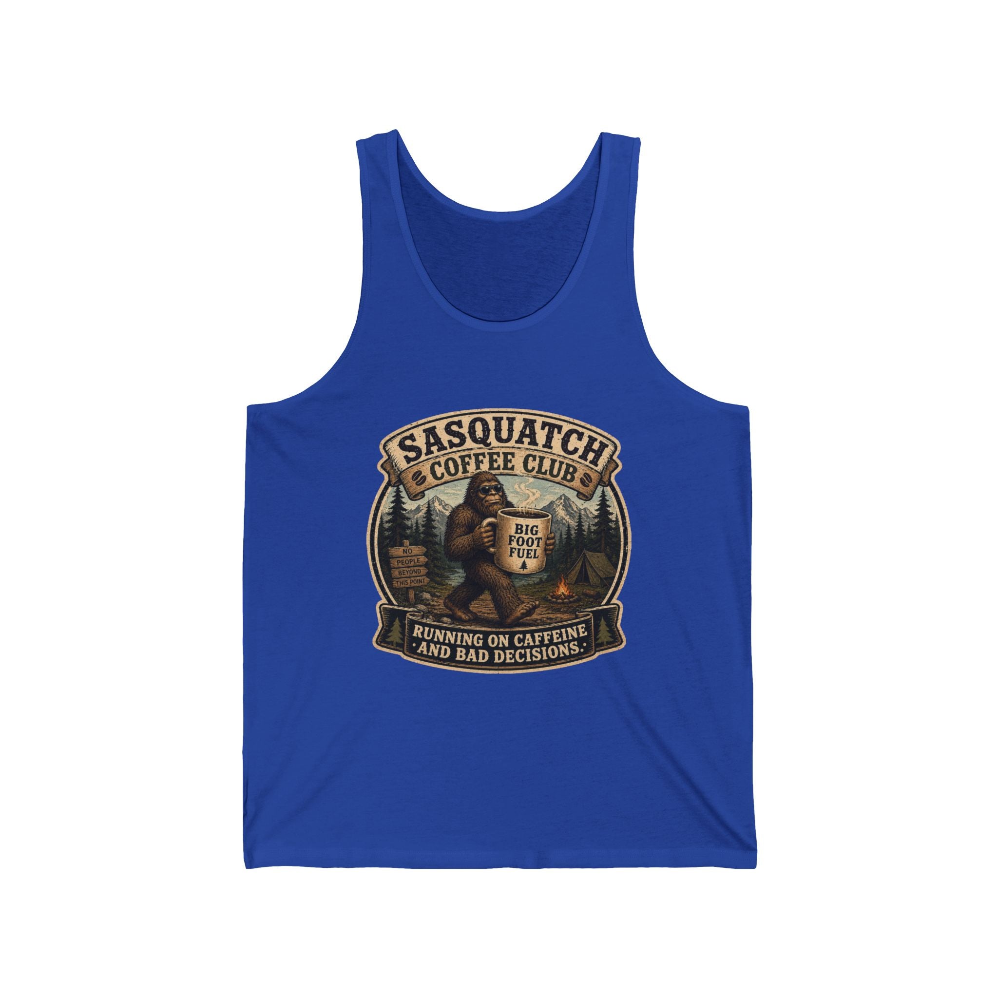 Sasquatch Coffee Club Tank Top — 'Running on Caffeine and Bad Decisions' Graphic Tank