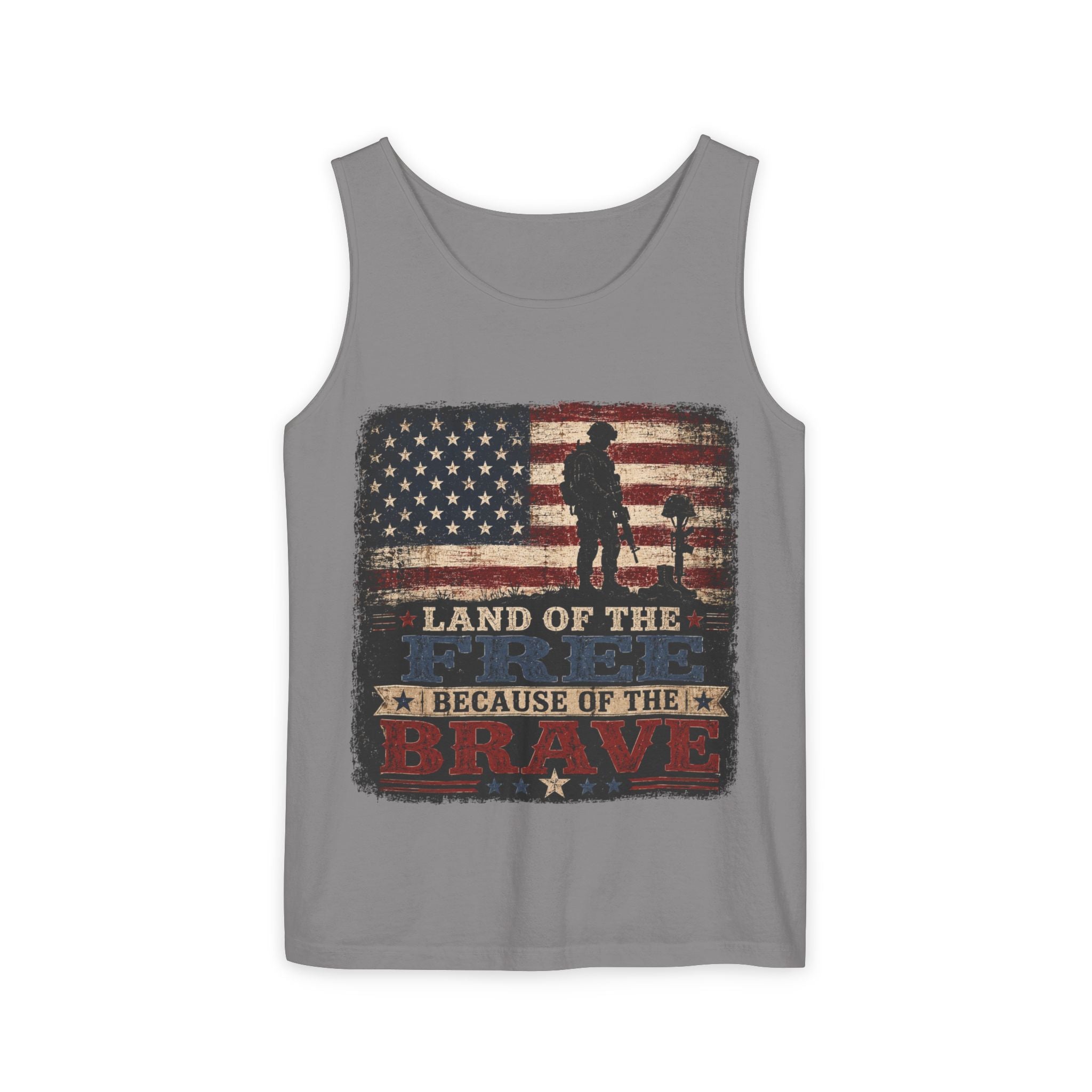 Patriotic Tank Top — "Land of the Free Because of the Brave" Military Tribute