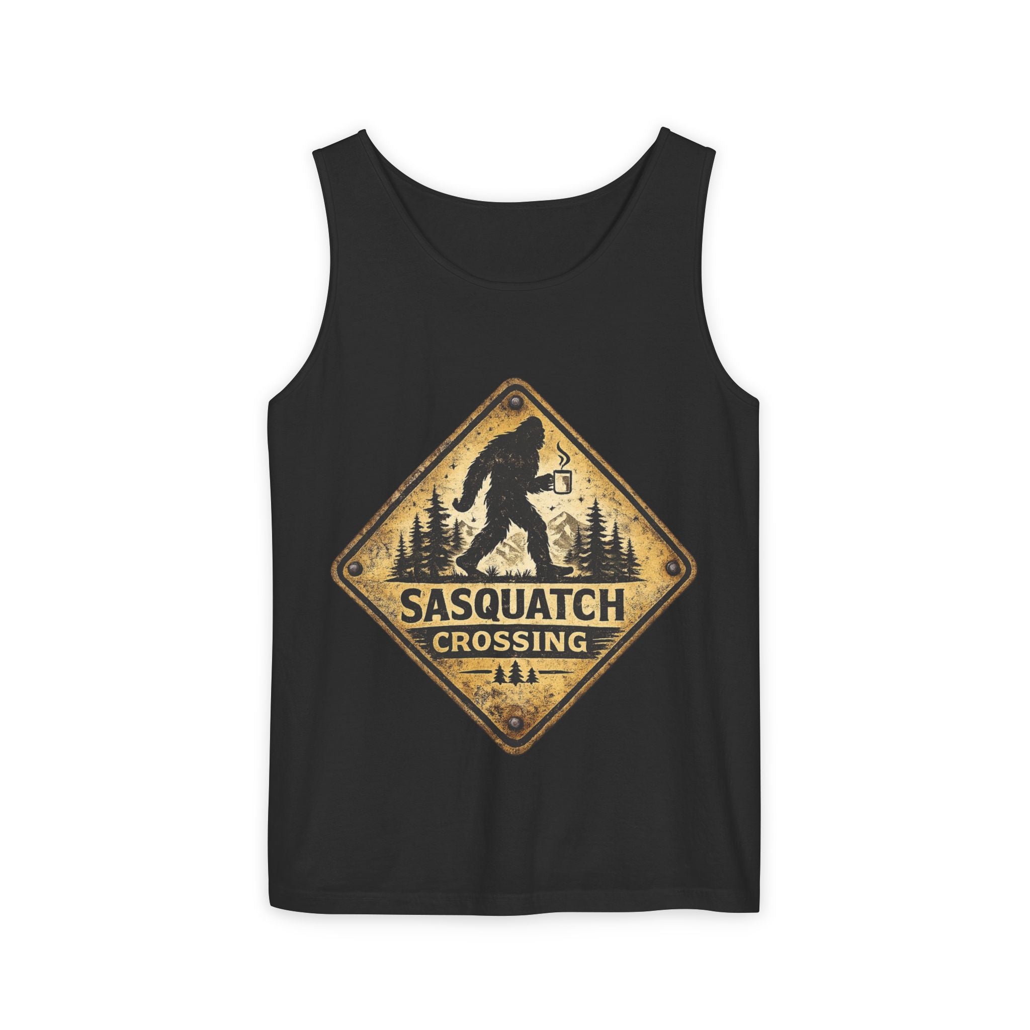 Sasquatch Crossing Tank Top — Vintage Bigfoot Forest Sign Sleeveless Tank