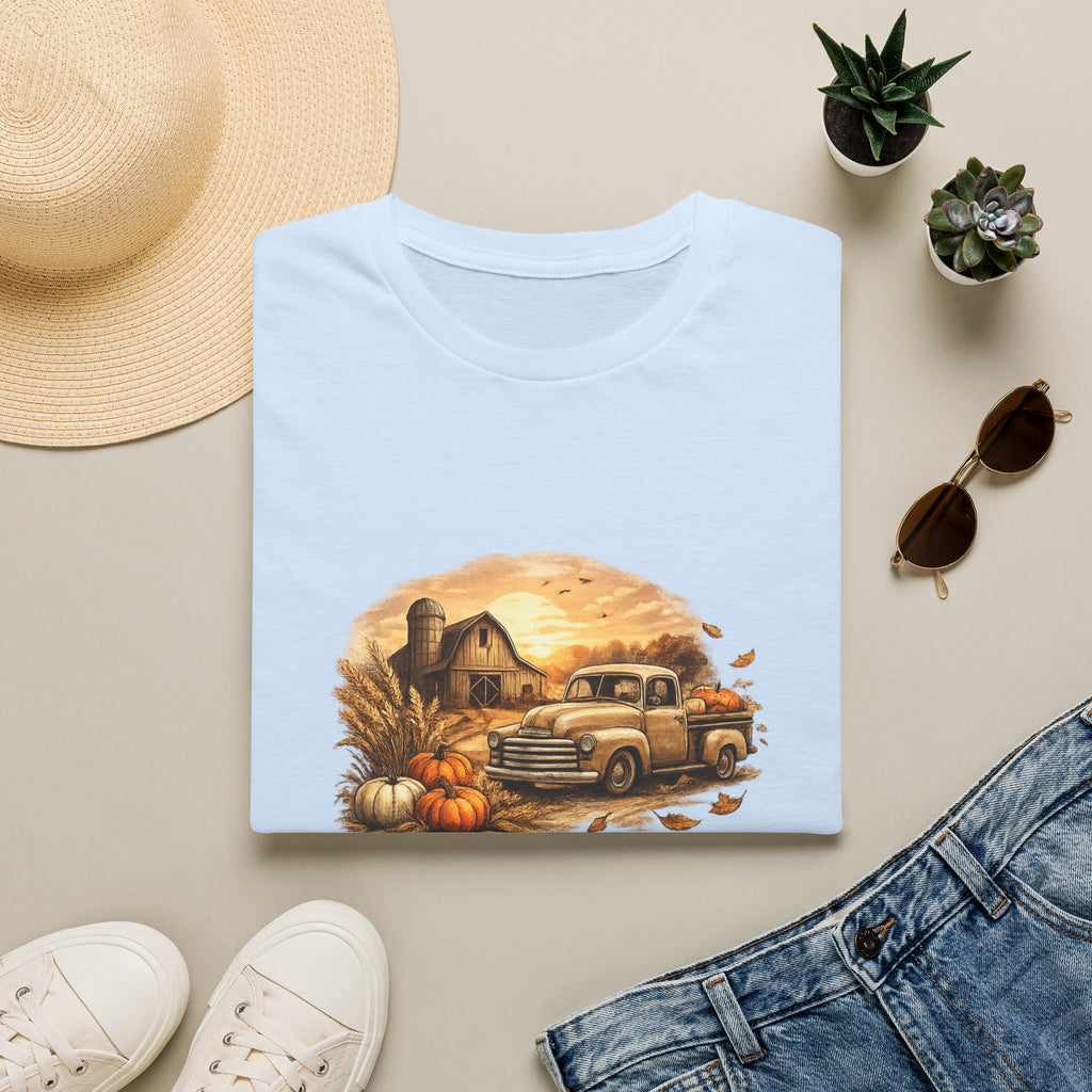 'Sunsets, Sweaters, and Dirt Roads' Vintage Autumn Tee — Fall Farm Truck T‑Shirt