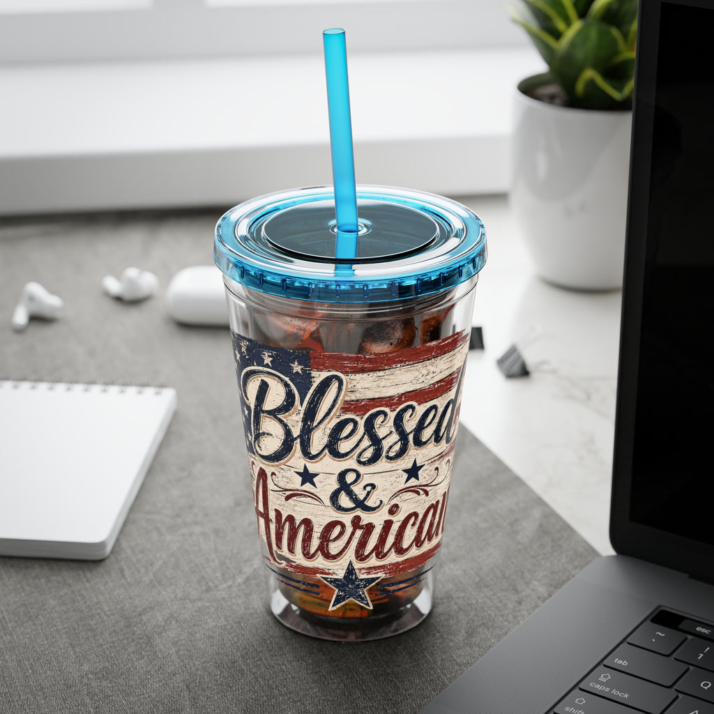 Blessed & American Sunsplash Tumbler with Straw, 16oz