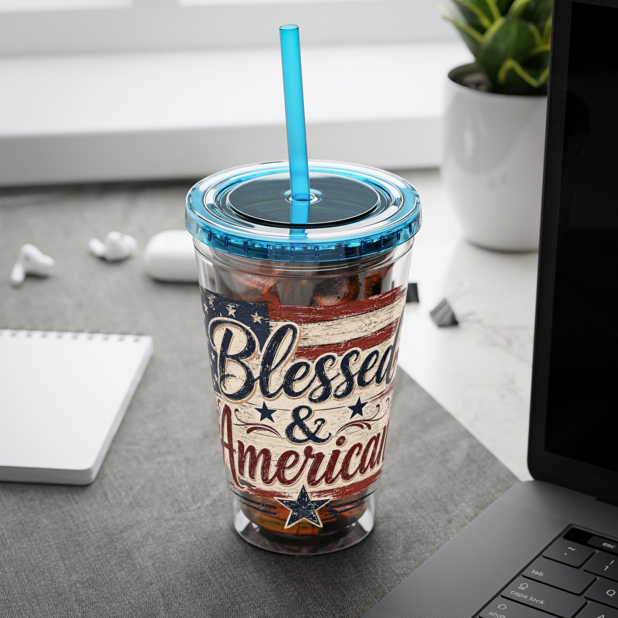 Blessed & American Sunsplash Tumbler with Straw, 16oz
