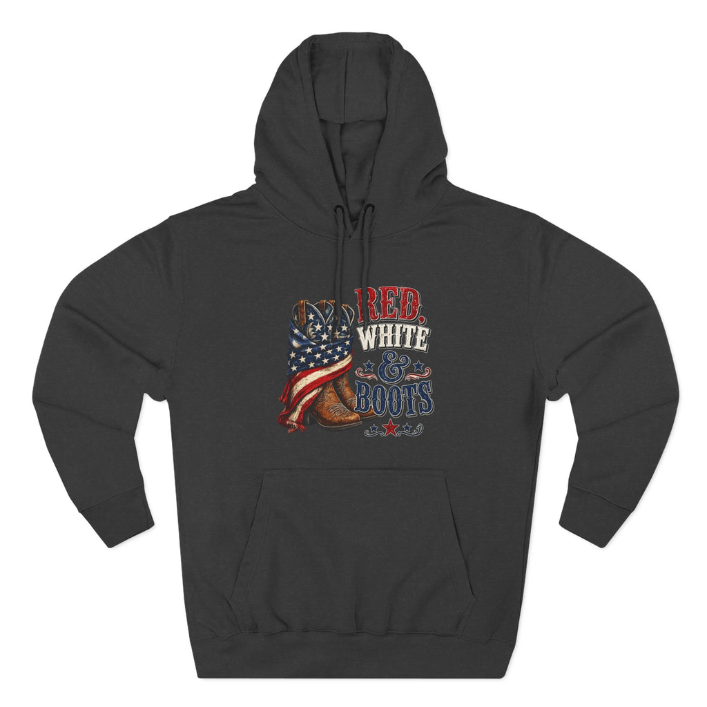 Patriotic 'Red White & Boots' Hoodie — American Flag Cowboy Boots Pullover