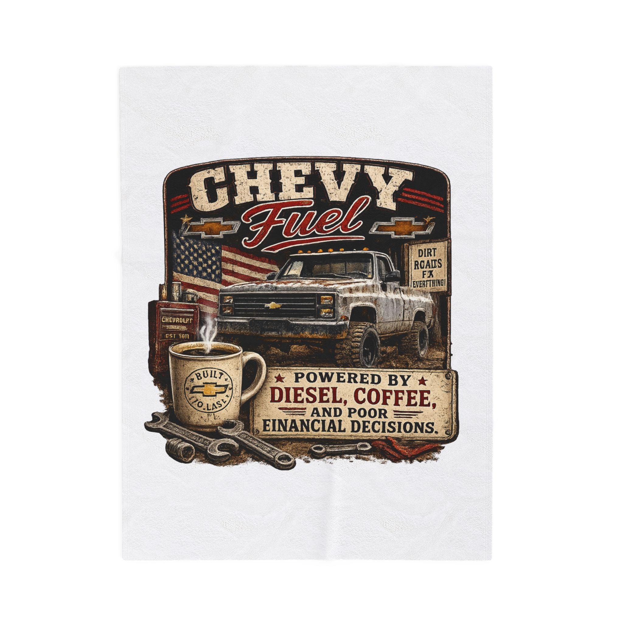 Chevy Fuel Velveteen Plush Blanket – 'Powered by Diesel, Coffee, and Poor Financial Decisions' Truck Graphic Throw