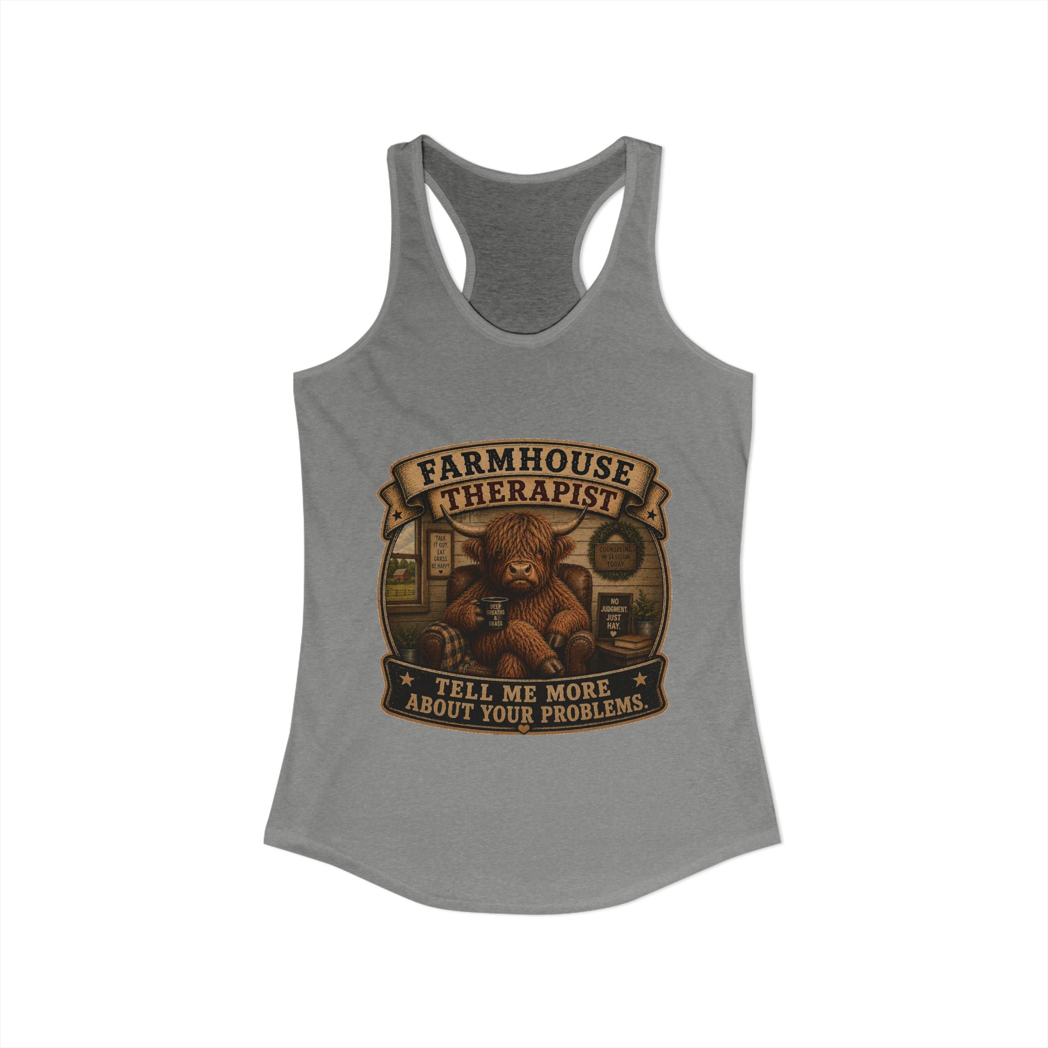 Farmhouse Therapist Highland Cow Women's Ideal Racerback Tank