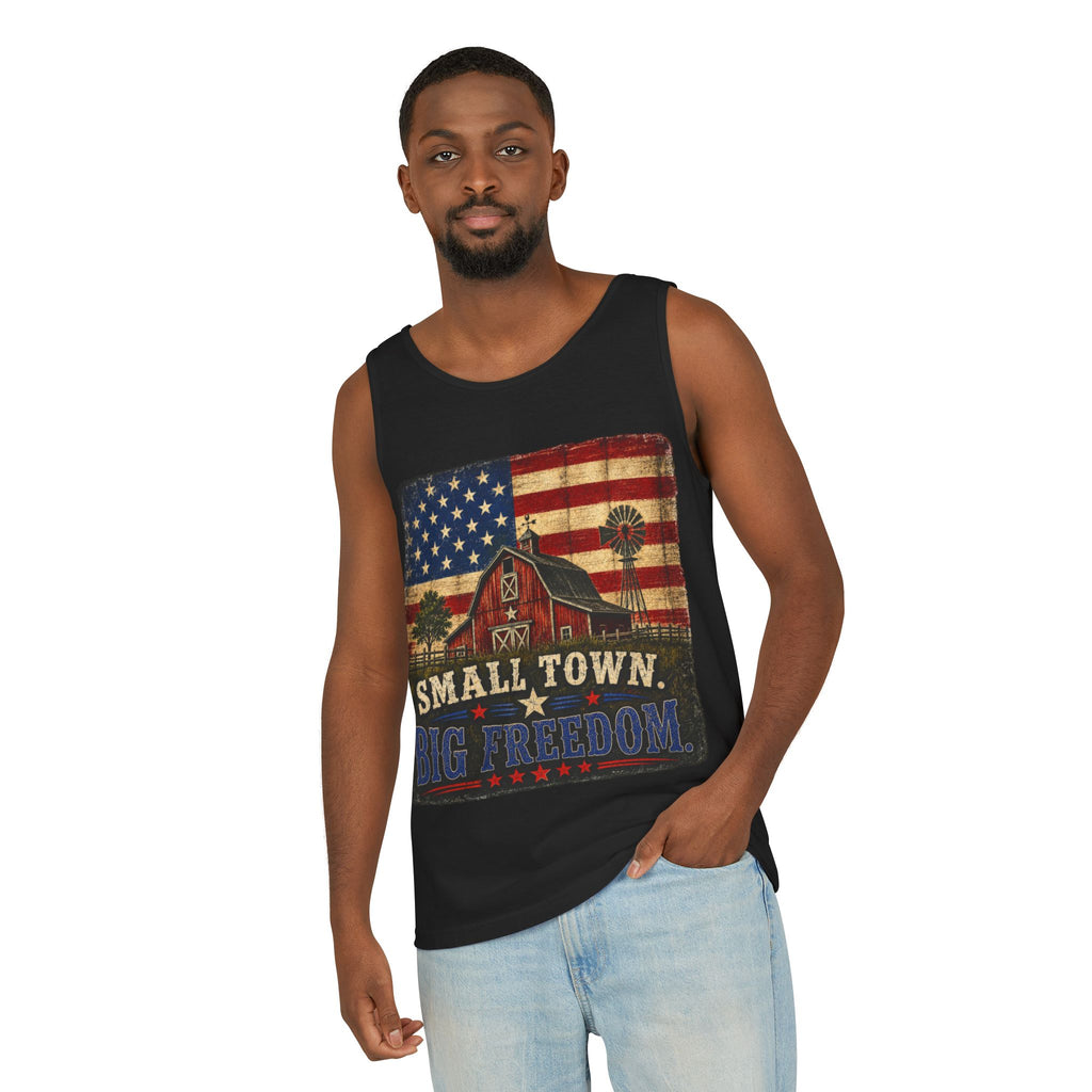 Small Town, Big Freedom Tank Top — Vintage American Flag Barn Patriotic Tank