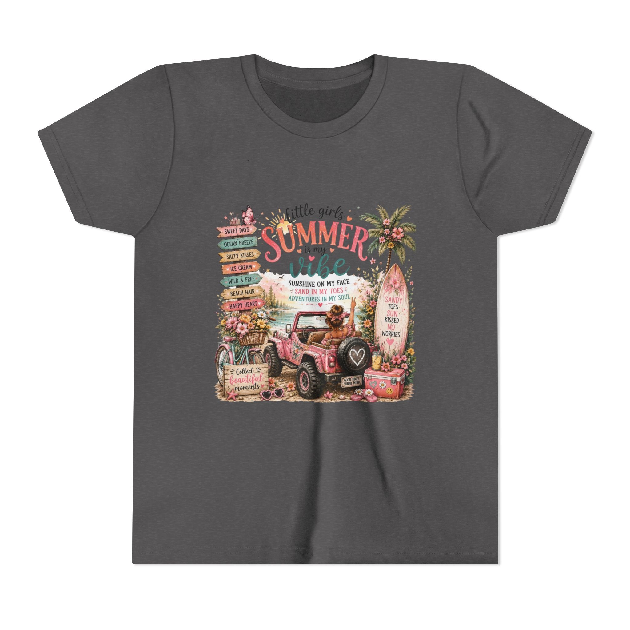 "Little Girls Summer Vibe" Tropical Jeep Surfboard Beach Graphic - Youth Tee