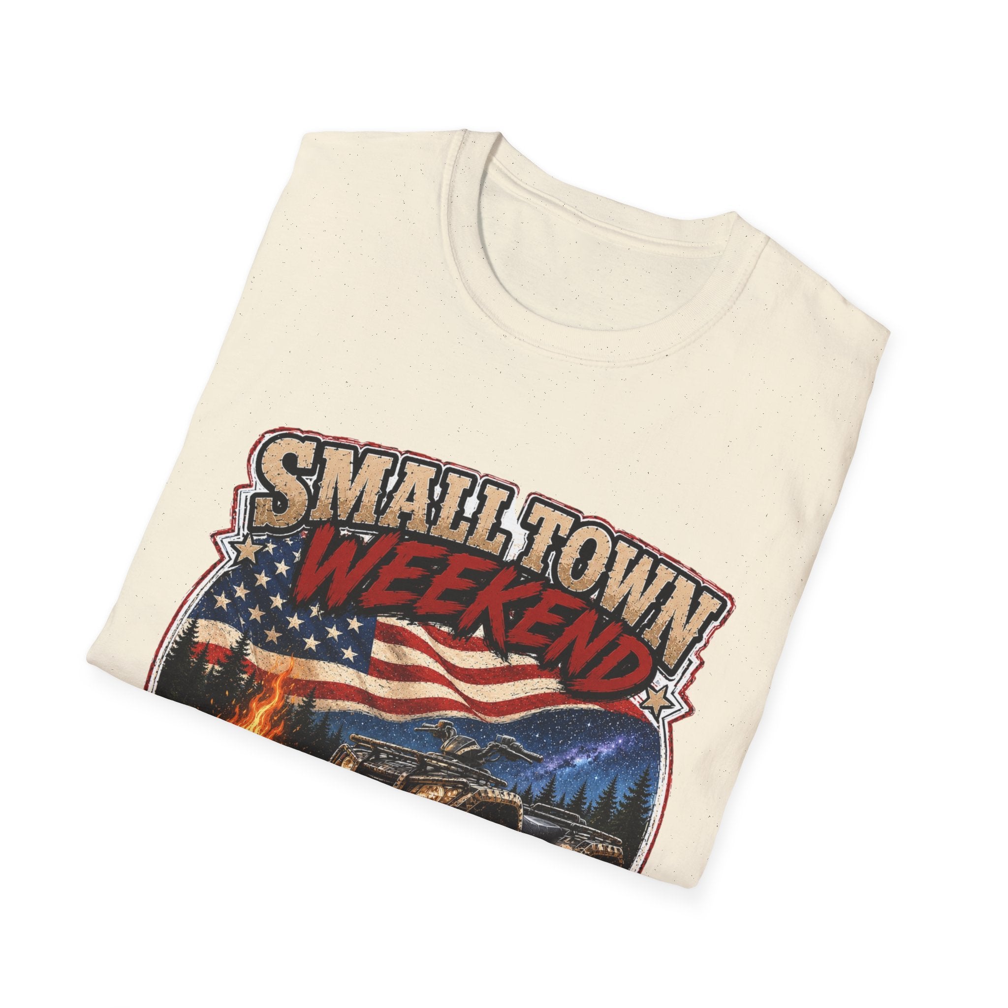 Small Town Weekend T-Shirt — Americana Flag, Bonfire & ATV Retro Graphic