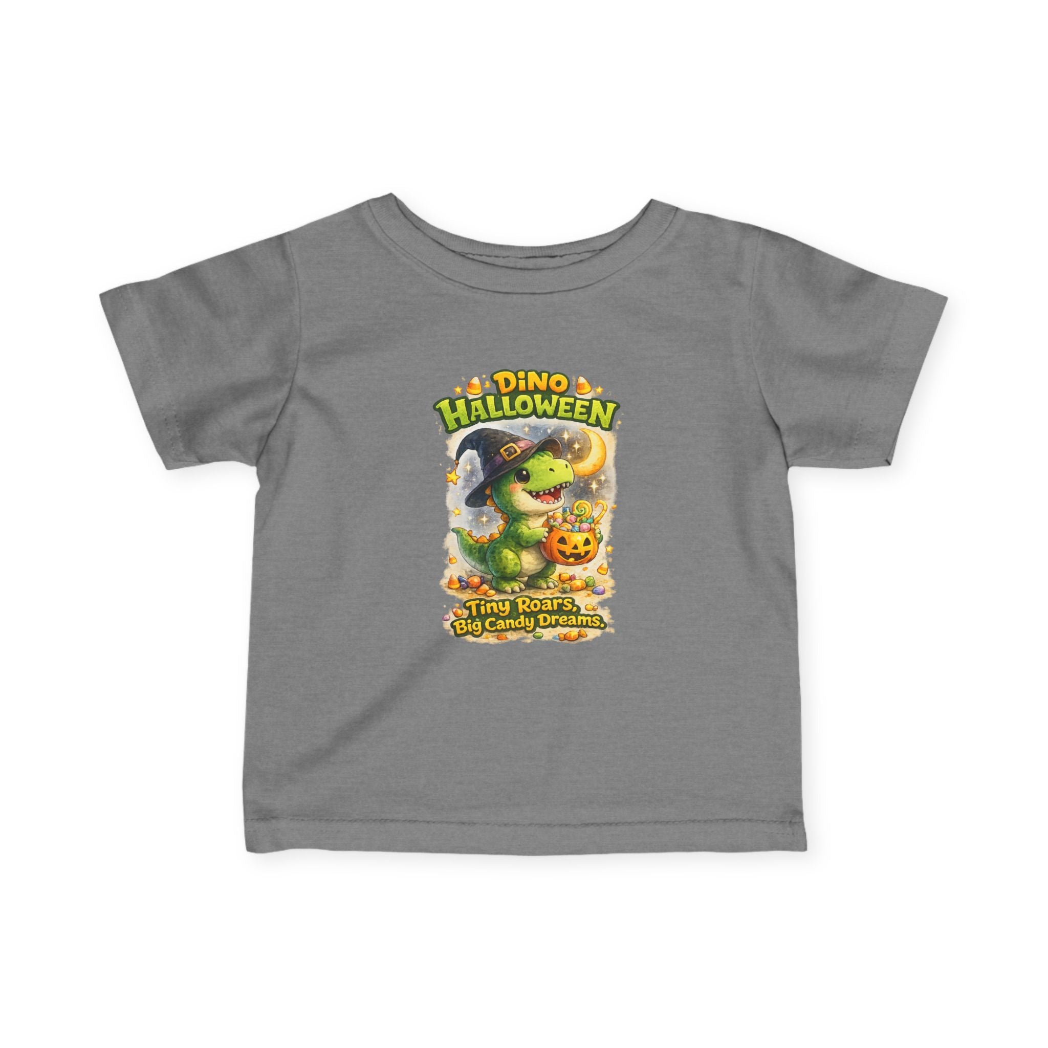 "Tiny Roars, Big Candy Dreams" Baby Shirt — Infant Halloween Dino Tee