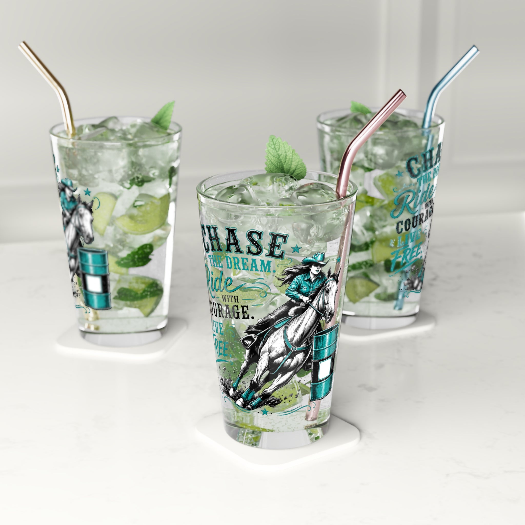 Chase the Dream Horse Teal Pint Glass, 16oz