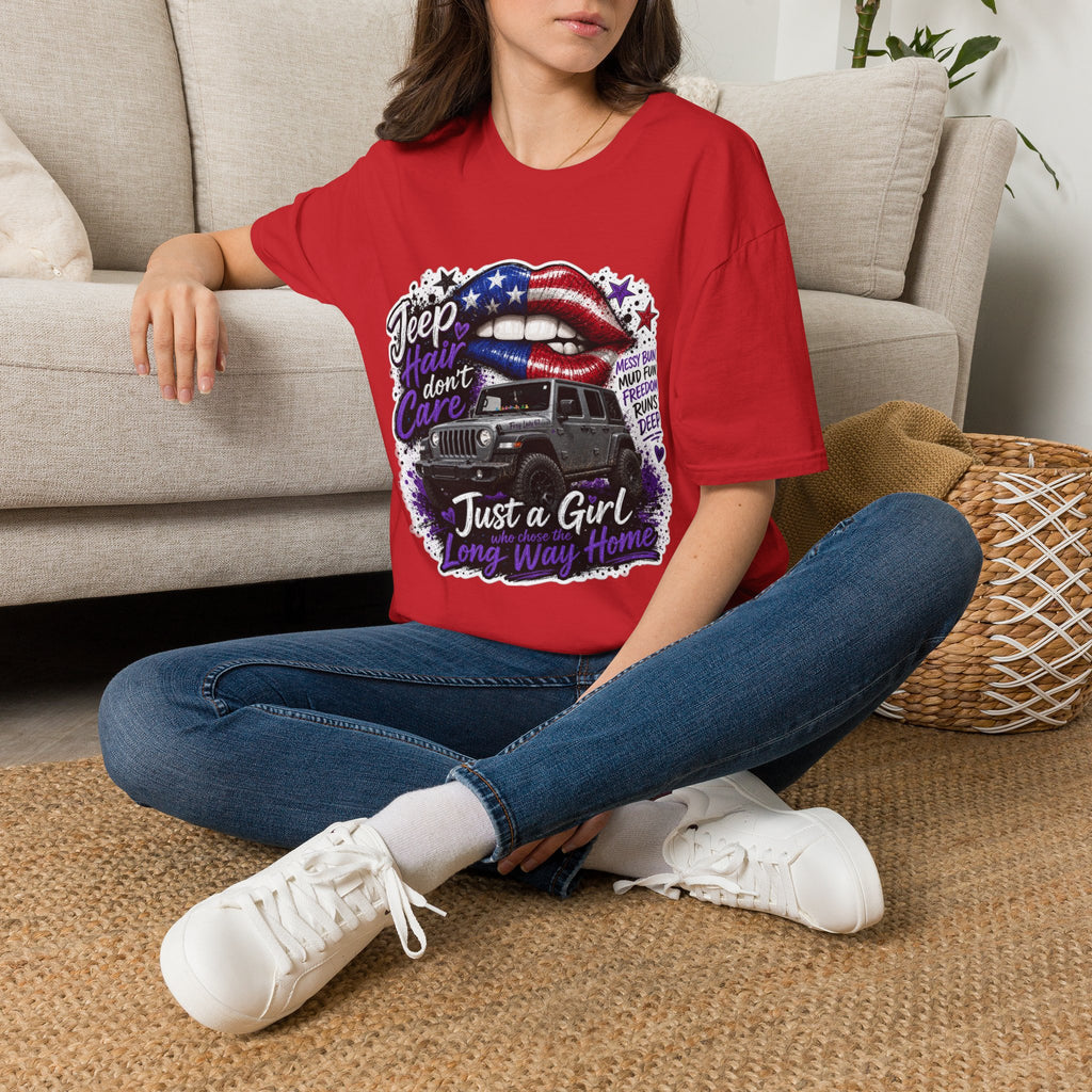 Jeep Hair Don't Care T-Shirt — American Flag Lips Off-Road Truck Tee