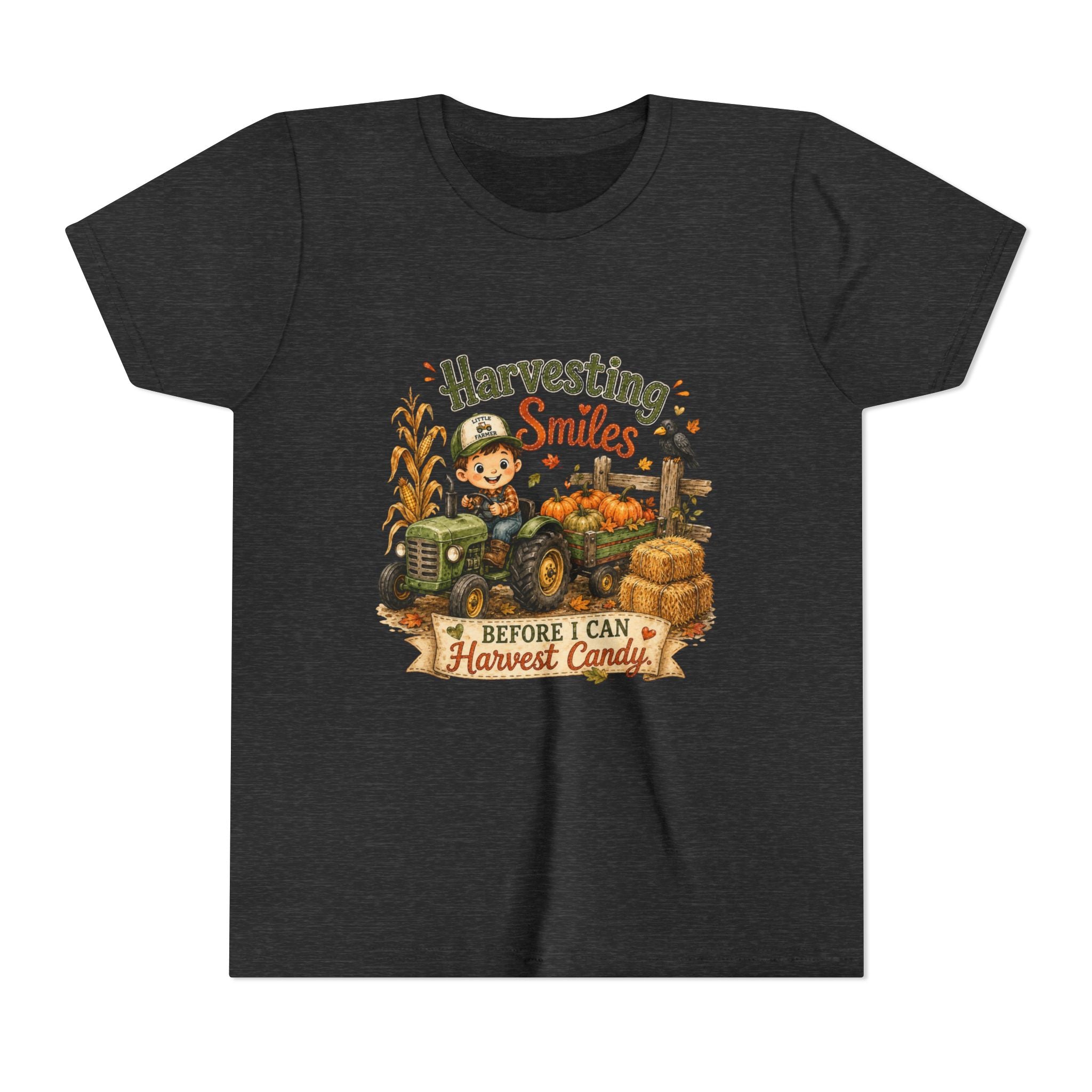 "Harvesting Smiles Before I Can Harvest Candy" Fall Tractor Halloween Kids Shirt — Youth Tee