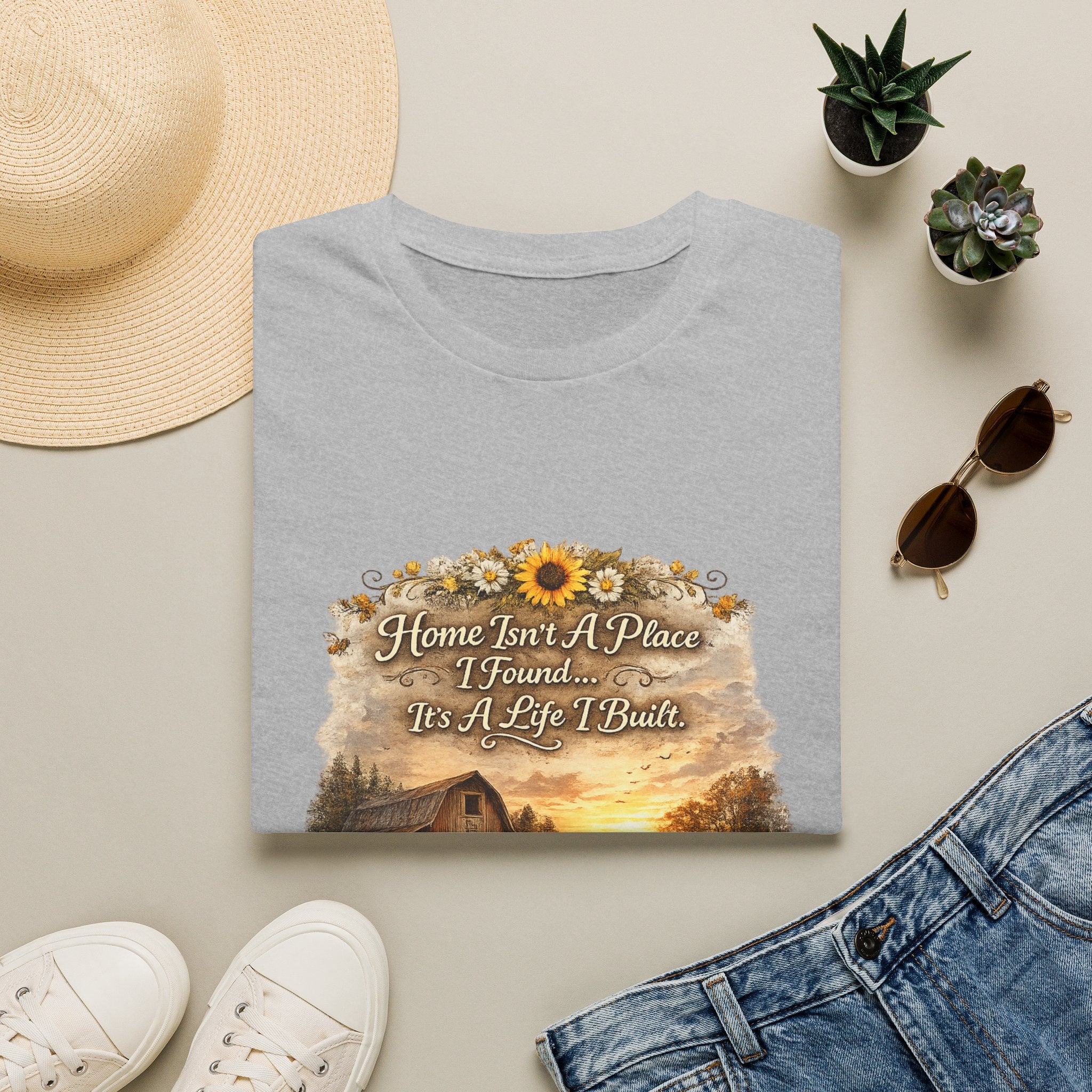 "Home Isn't A Place I Found... It's A Life I Built" Rustic Sunflower Tee — T-Shirt