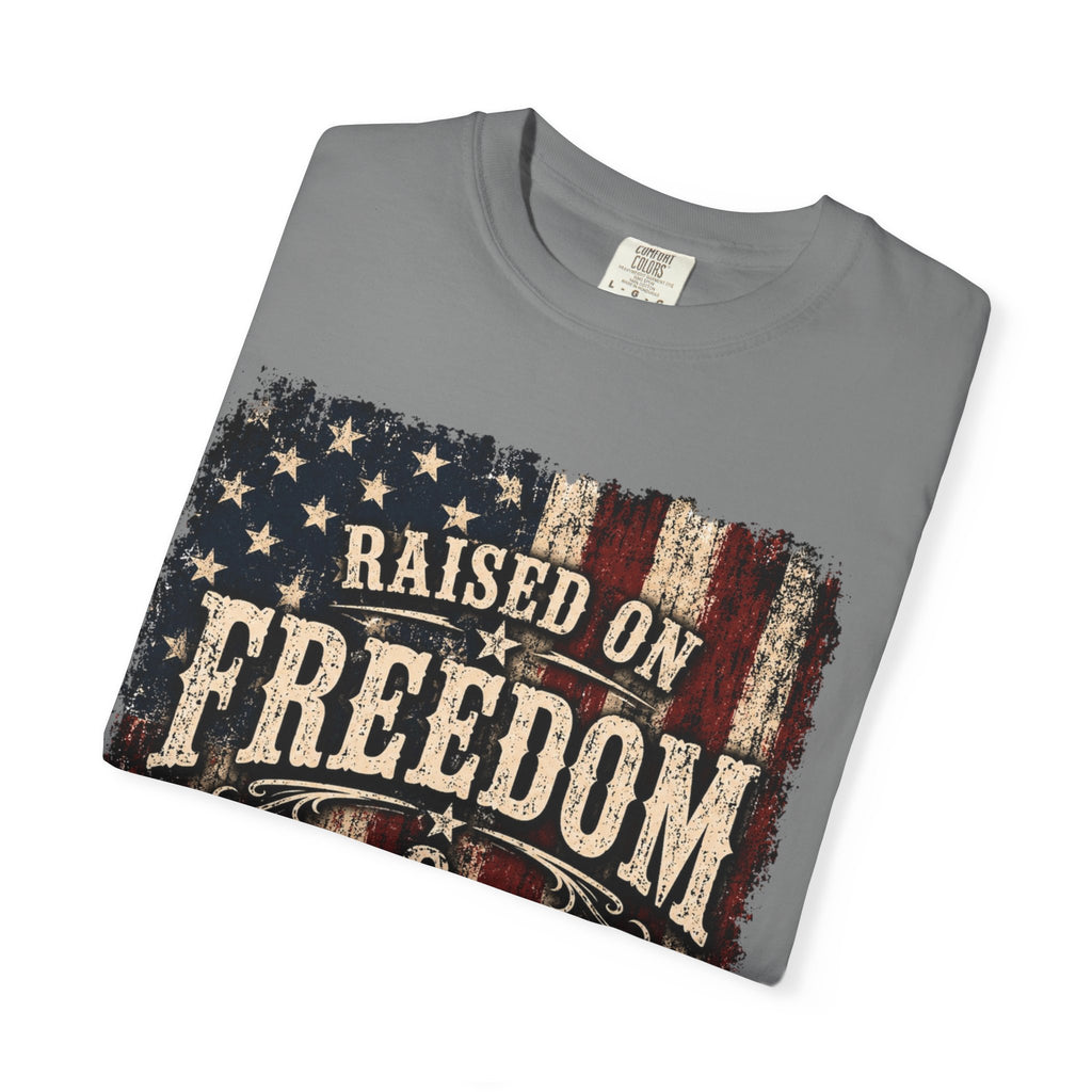 Raised on Freedom & Fueled by Grit T-Shirt — Patriotic Vintage American Flag Tee