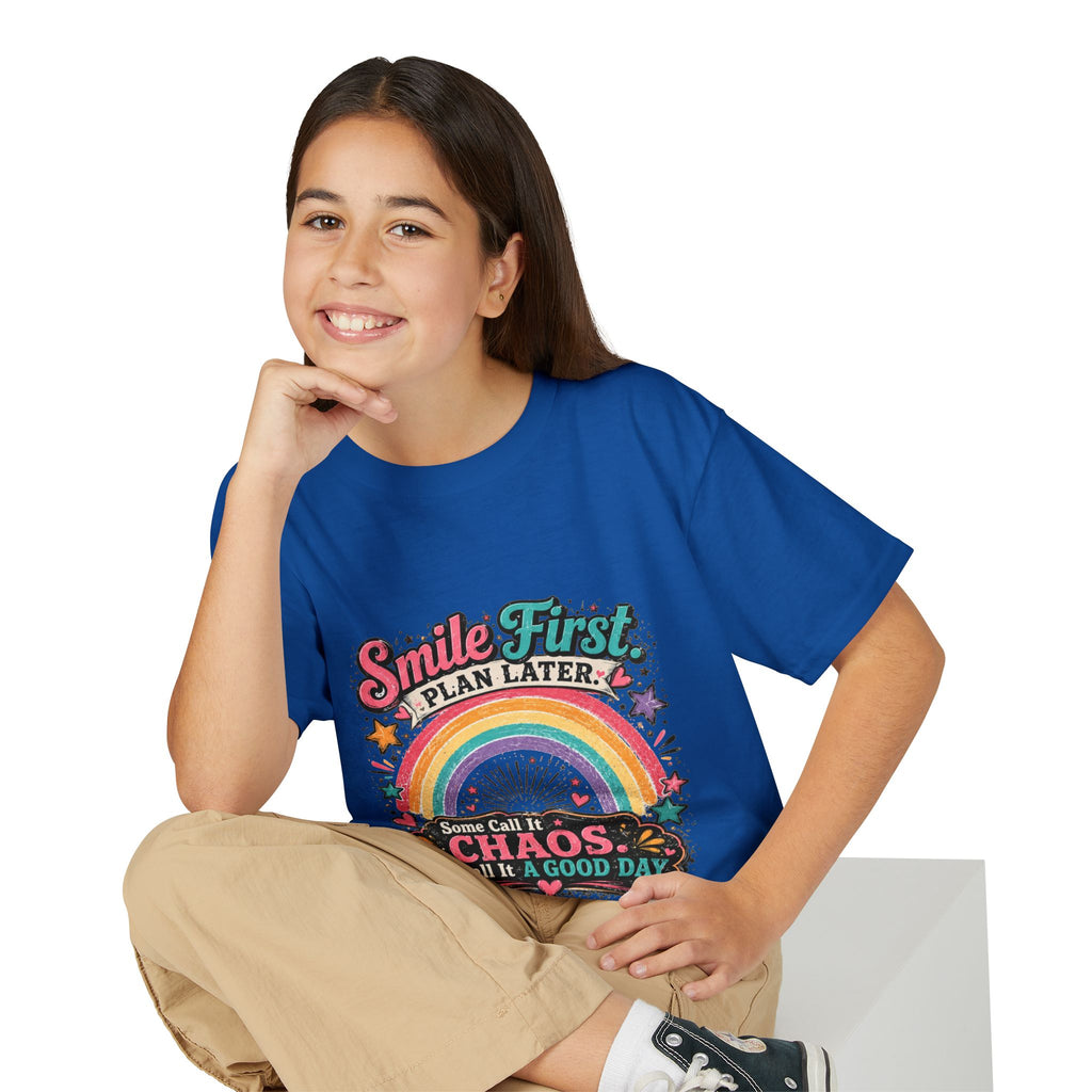 "Smile First, Plan Later" Rainbow Chaos Graphic Tee - Youth T-Shirt —