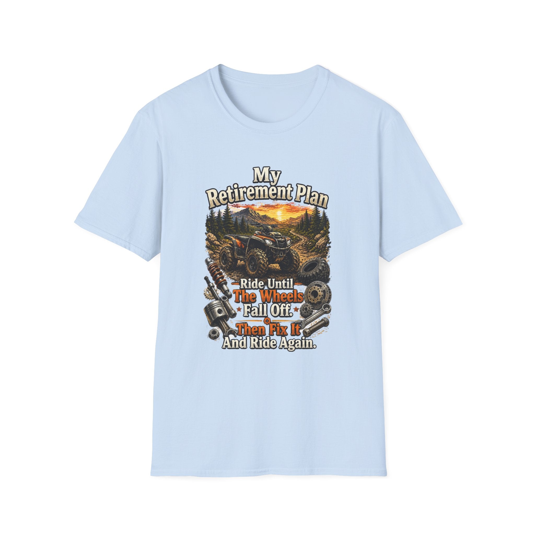 “My Retirement Plan: Ride Until I Can’t, Then Die With A Smile” Motorcycle Sunset Tee — T-Shirt