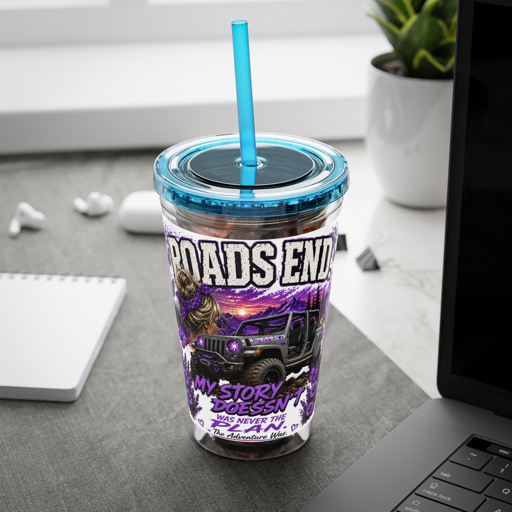 Roads End 16oz Tumbler with Straw — Purple Adventure Truck Design