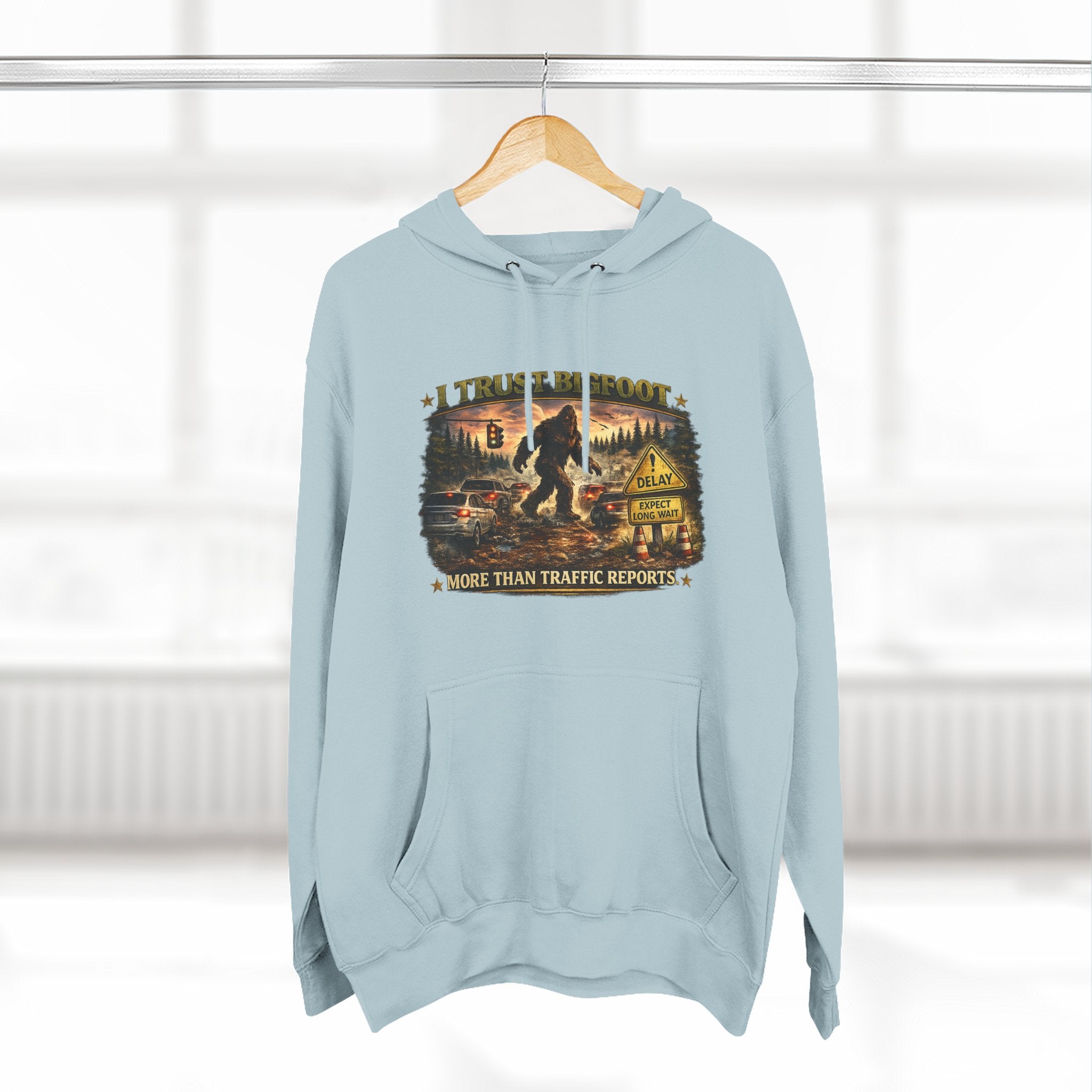 Bigfoot Forest Hoodie - "More Than Traffic Reports" Retro Sasquatch Graphic Hoodie