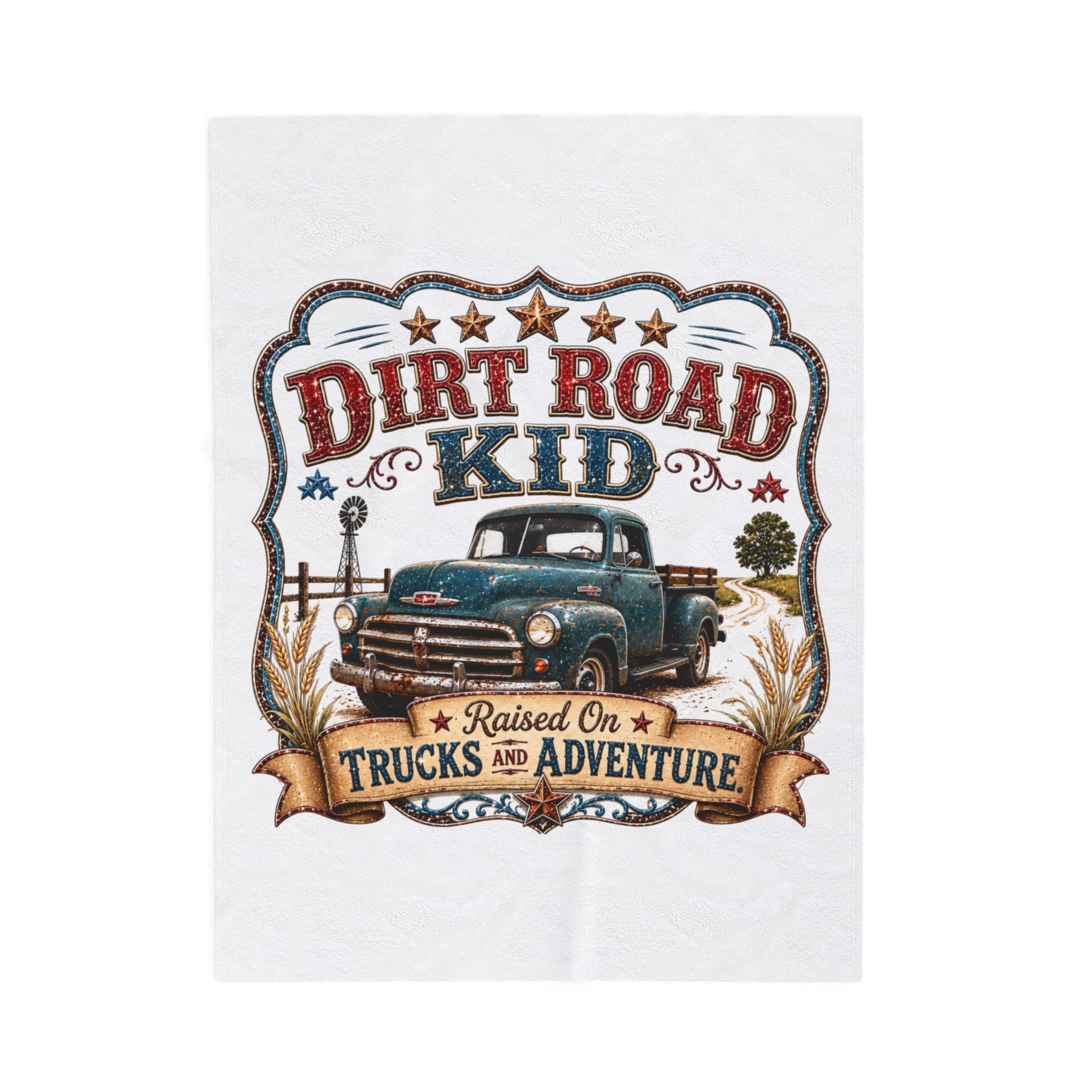 "Dirt Road Kid: Raised on Trucks & Adventure" Retro Truck Throw — Velveteen Blanket