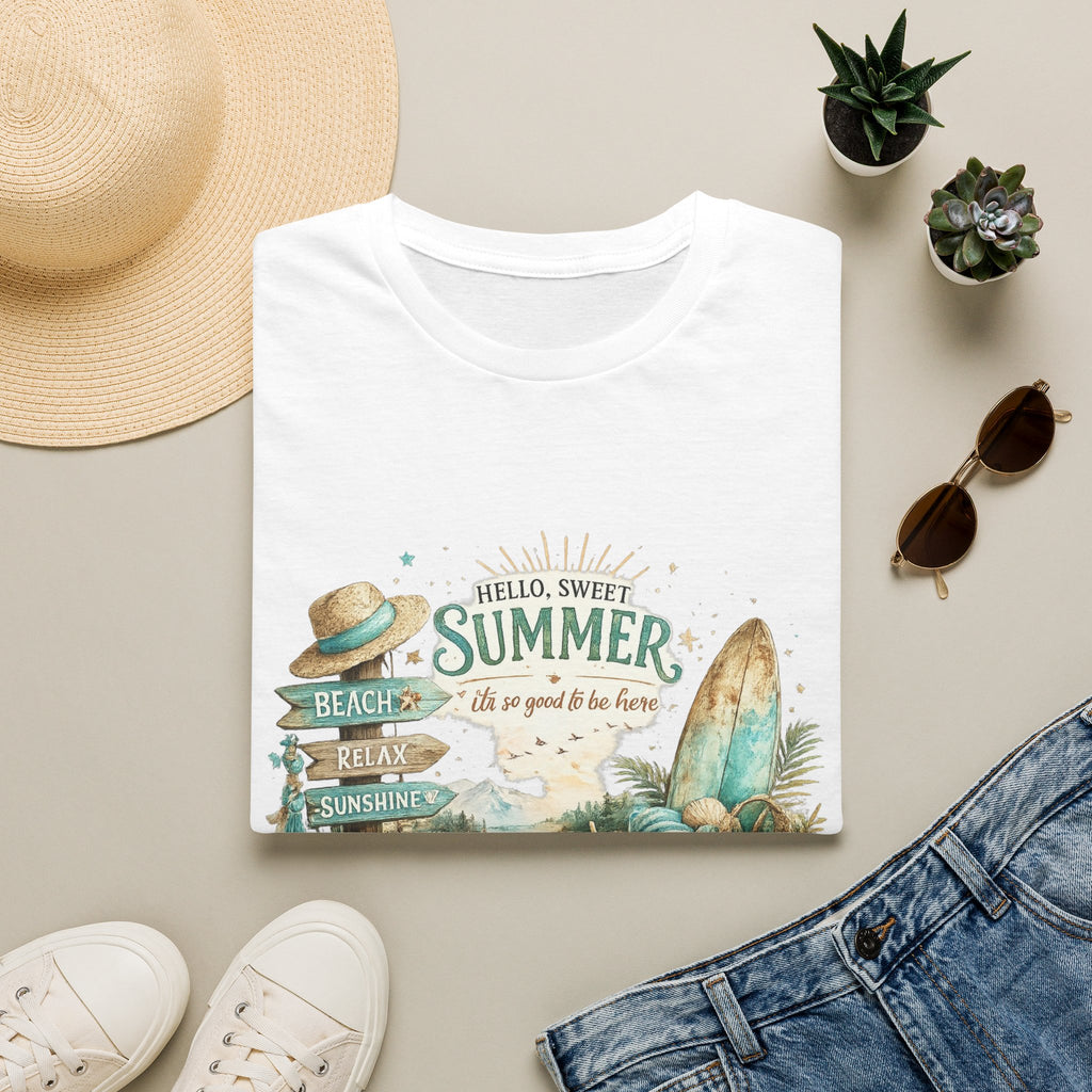 "Hello, Sweet Summer" Surf & Sunshine Graphic — Summer Beach T‑Shirt