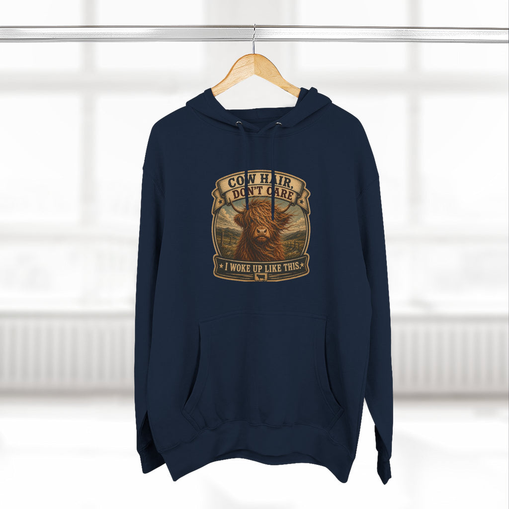 Cow Hair Don't Care Highland Cow - Three-Panel Fleece Hoodie
