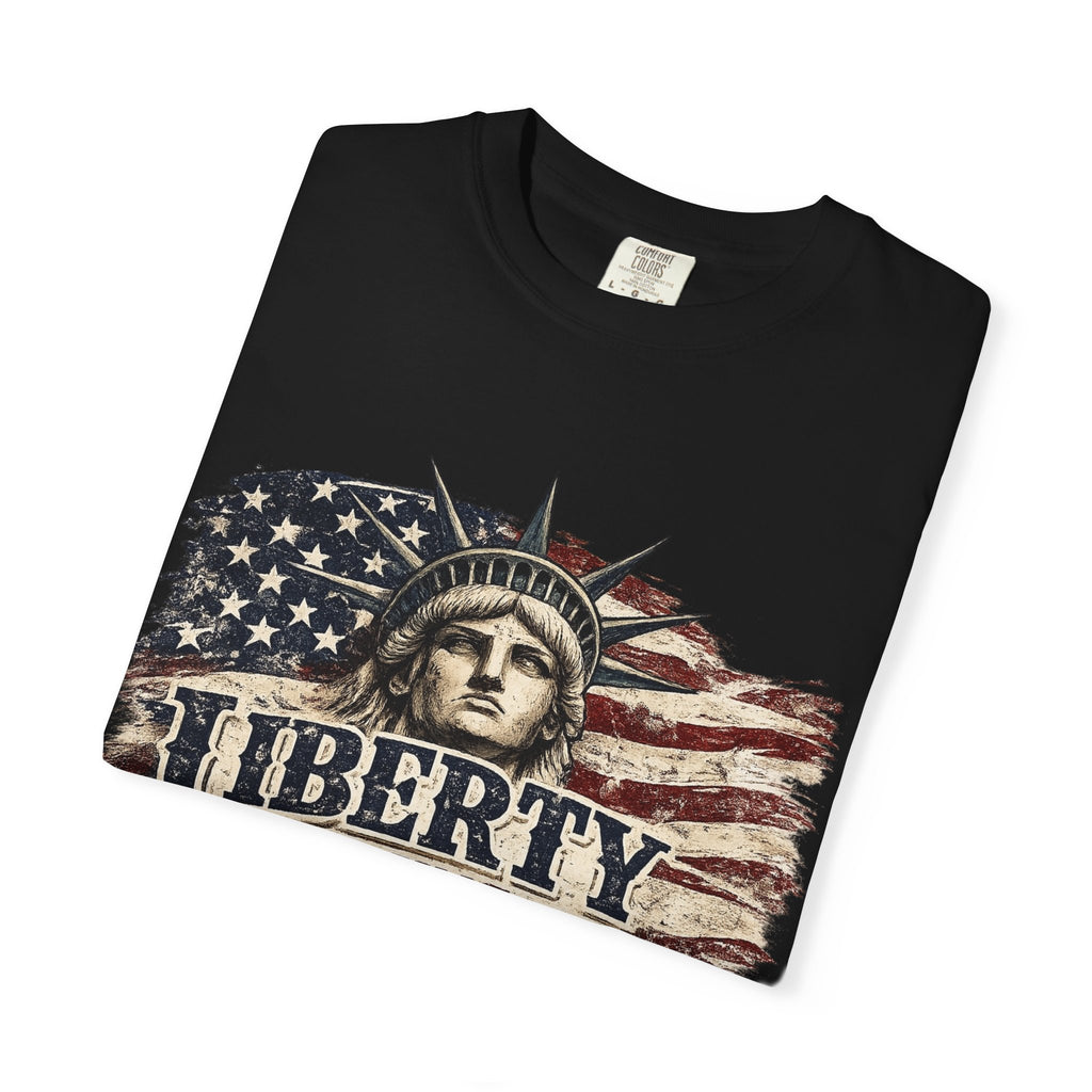 Liberty Runs Deep T-Shirt — Vintage Statue of Liberty & American Flag Graphic