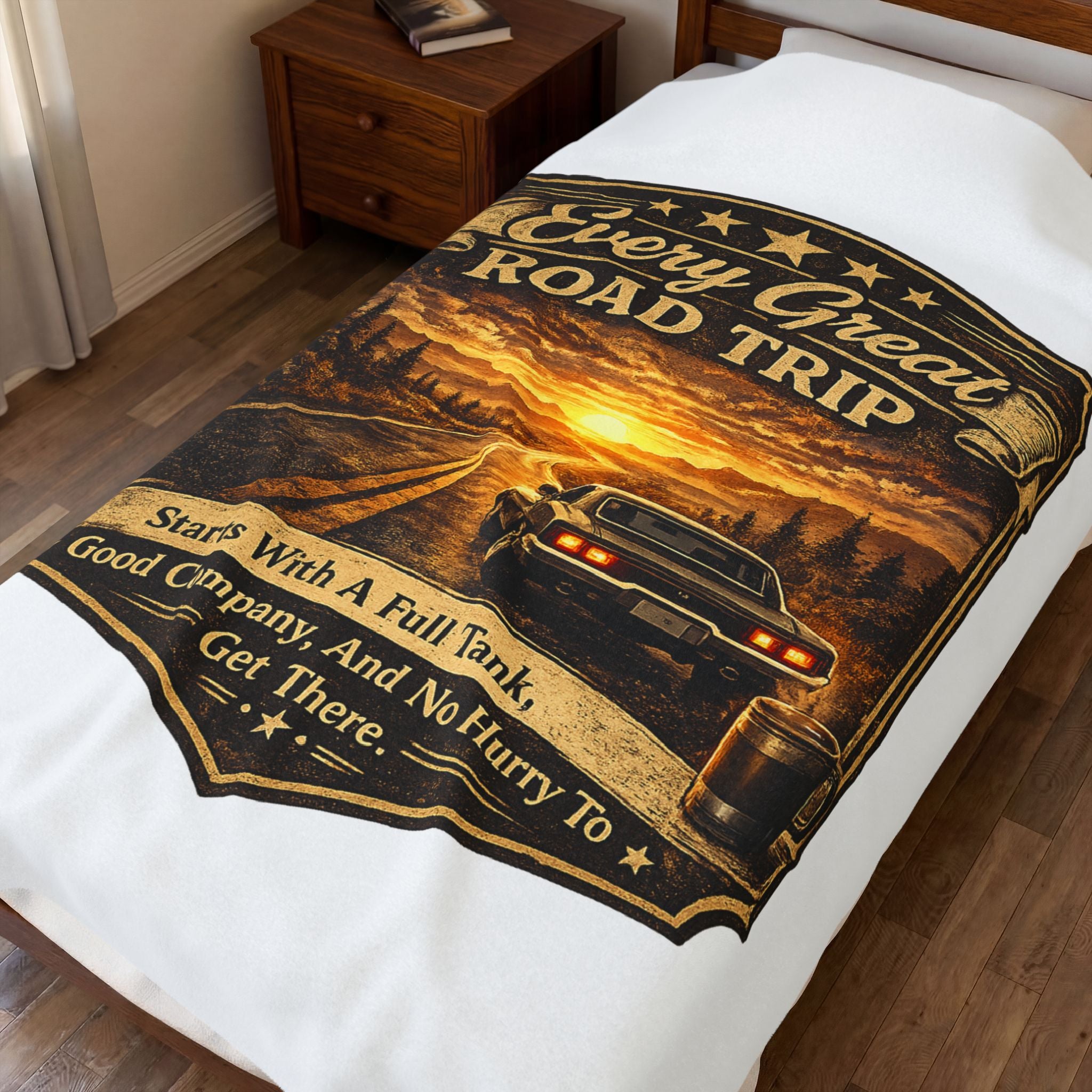 “Every Great Road Trip” Vintage Sunset Car Travel Throw — Velveteen Plush Blanket