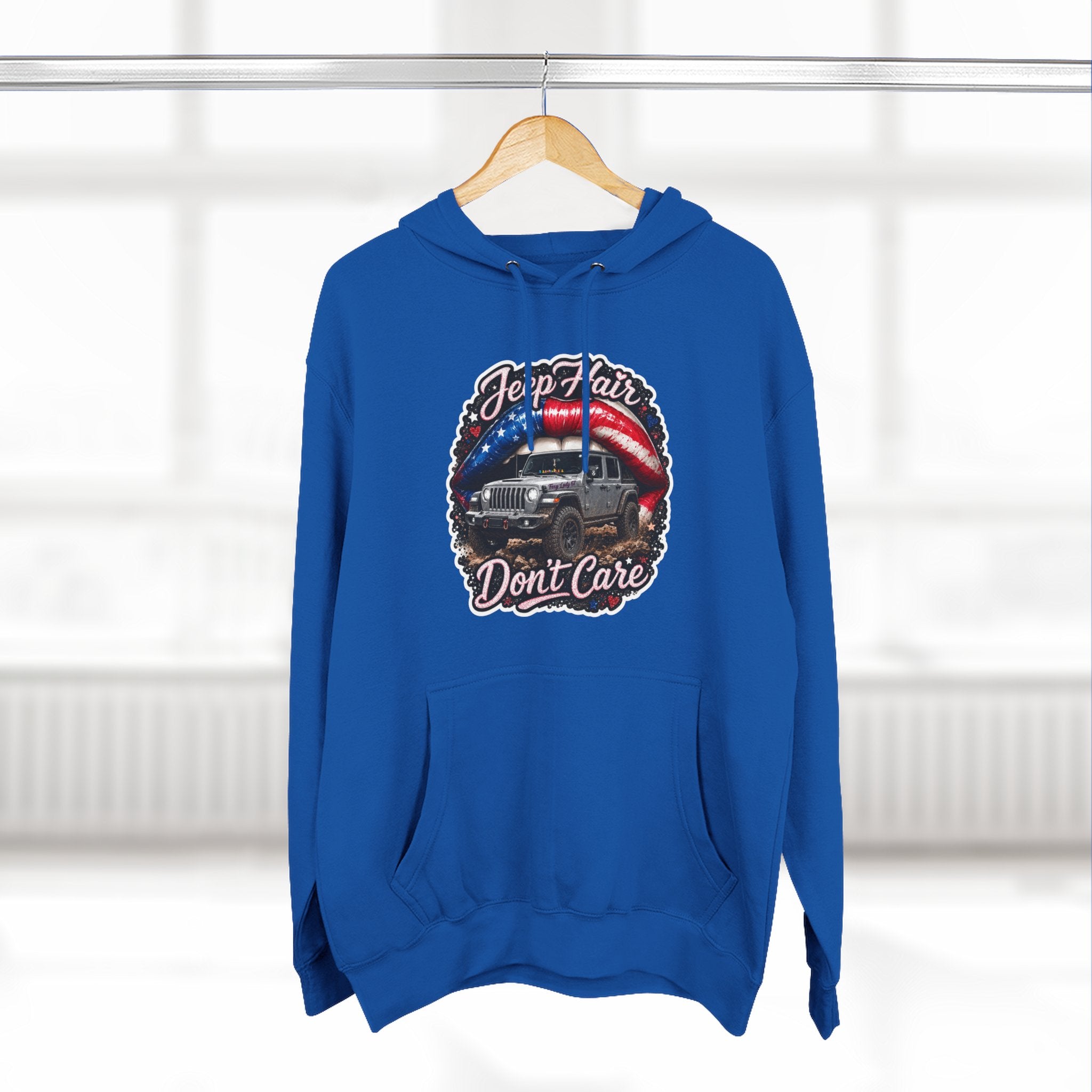 "Jeep Hair Don't Care" Graphic Fleece Pullover - Patriotic Jeep Hoodie