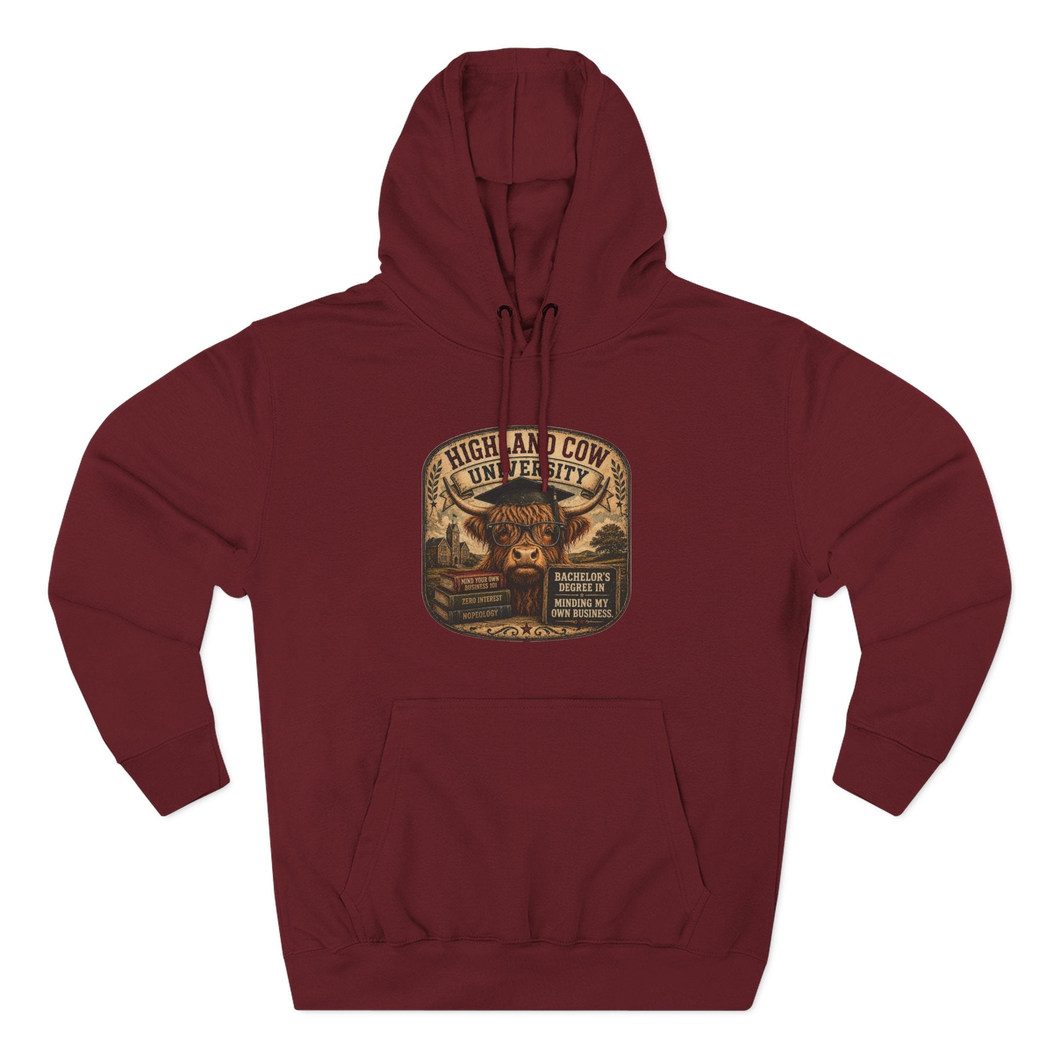Highland Cow University Three-Panel Fleece Hoodie