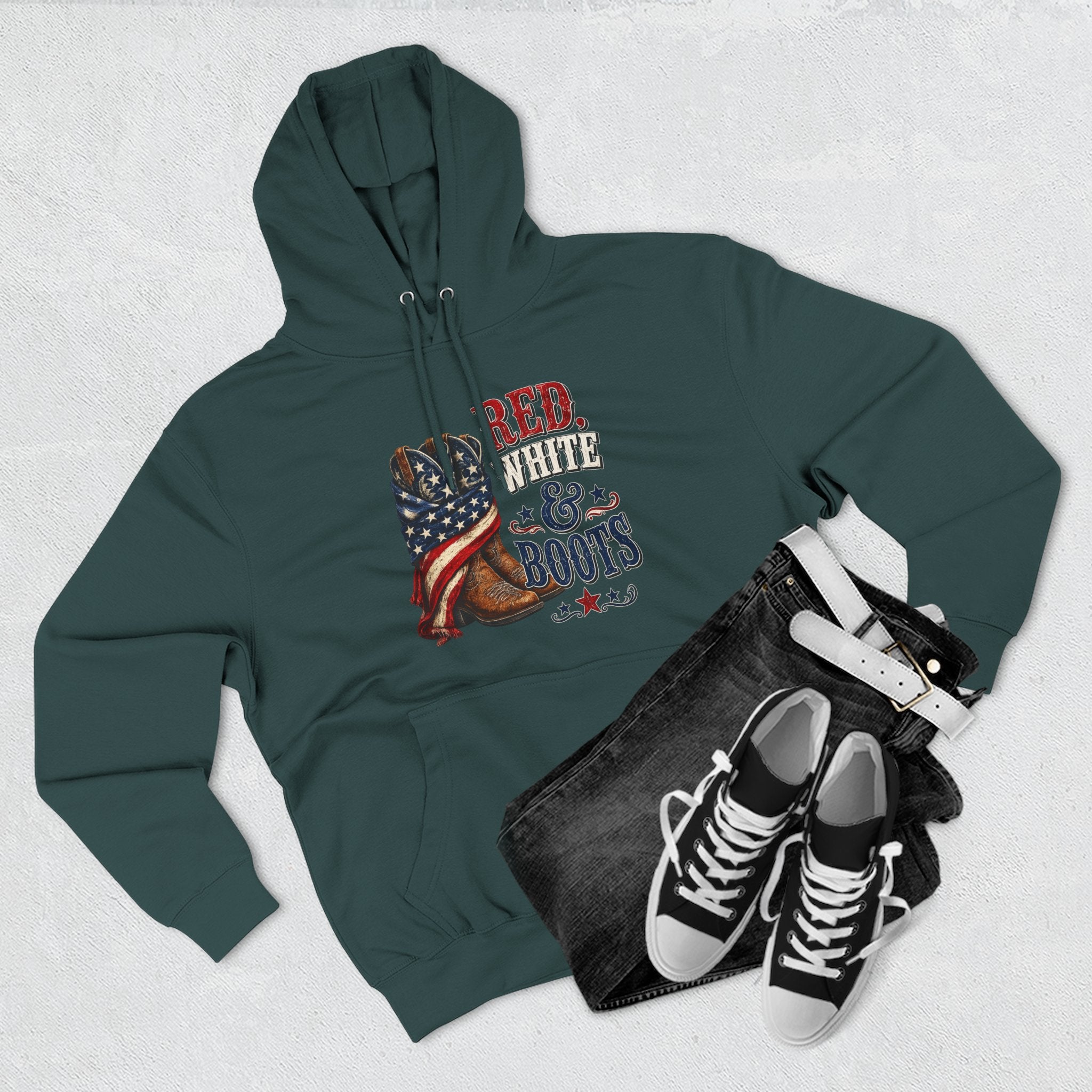 Patriotic 'Red White & Boots' Hoodie — American Flag Cowboy Boots Pullover