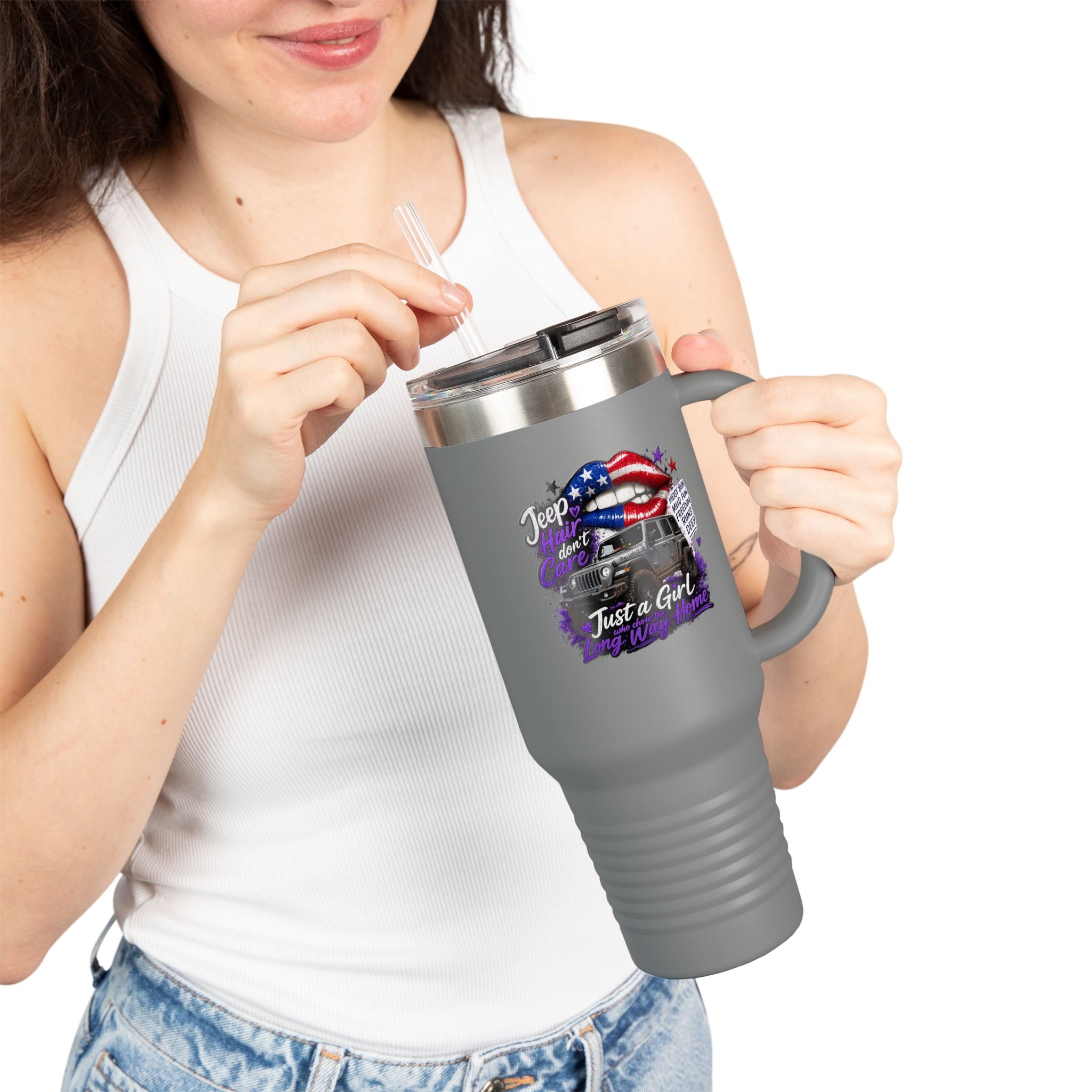 "Jeep Hair Don't Care" Patriotic Truck Design — 40oz Insulated Travel Mug