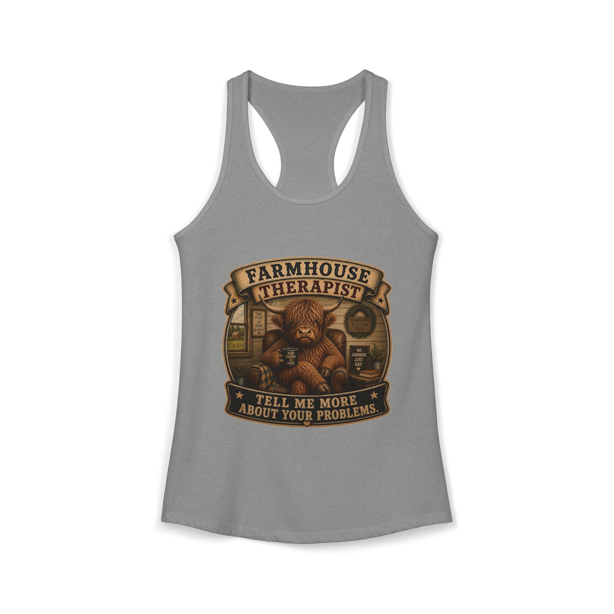 Farmhouse Therapist Highland Cow Women's Ideal Racerback Tank