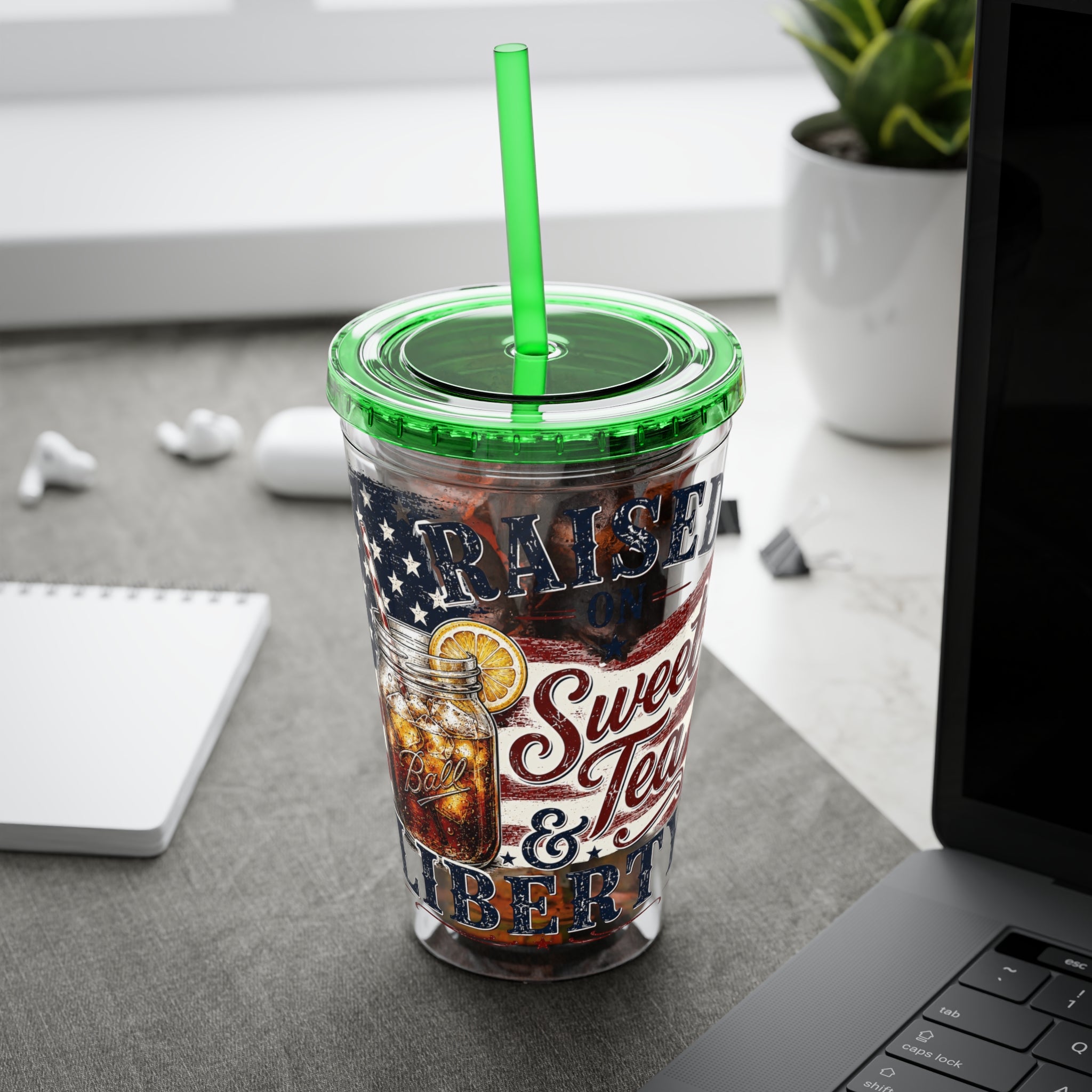 Raised On Sweet Tea & Liberty Sunsplash Tumbler with Straw, 16oz