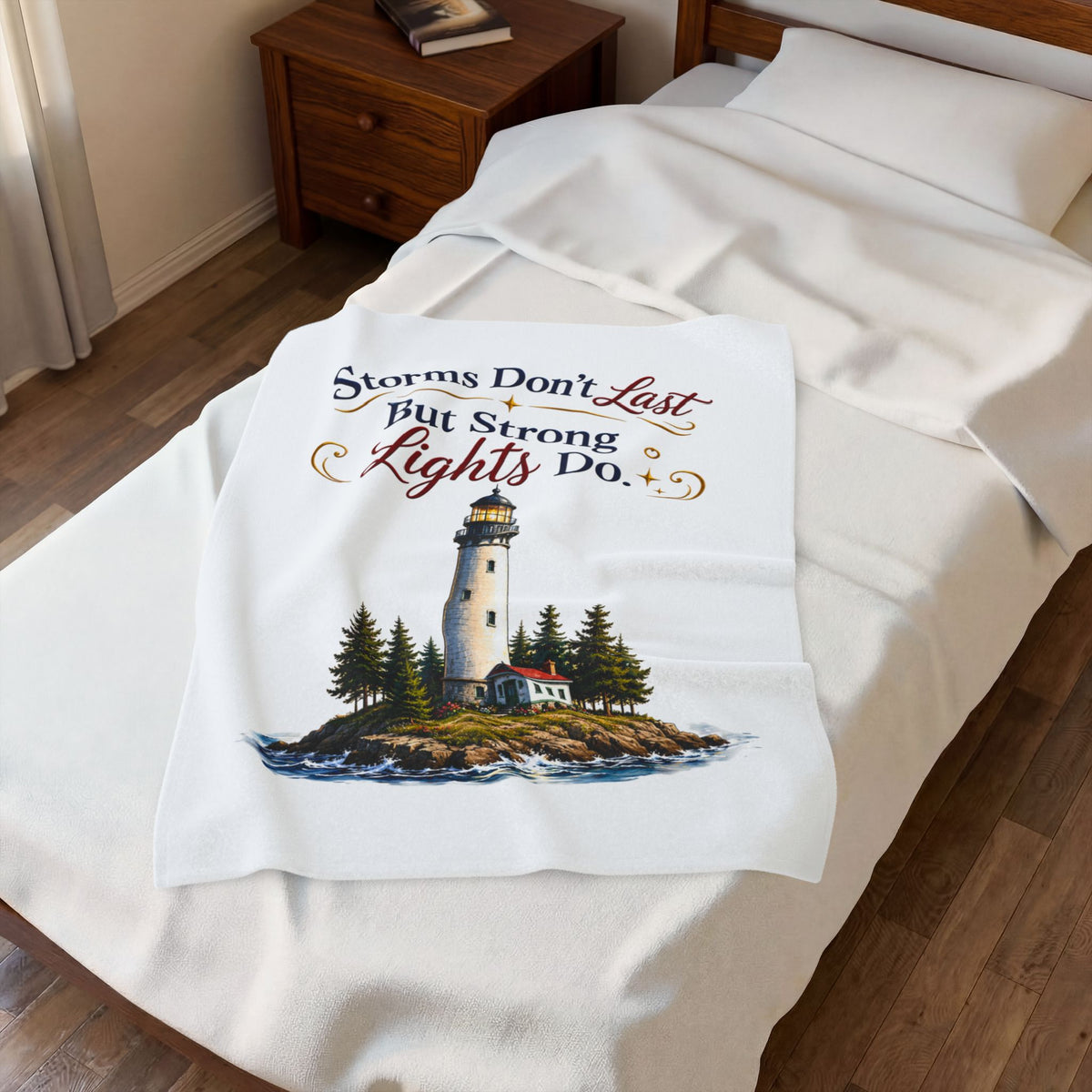 "Storms Don't Last But Strong Lights Do" Cozy Throw — Lighthouse Velveteen Plush Blanket
