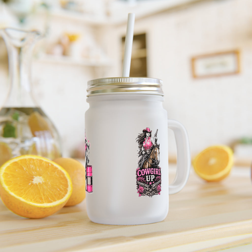 Mason Jar Tumbler — 'Chase the Dream, Ride with Courage' Racing Glass Jar with Handle & Straw (Pink Accent)