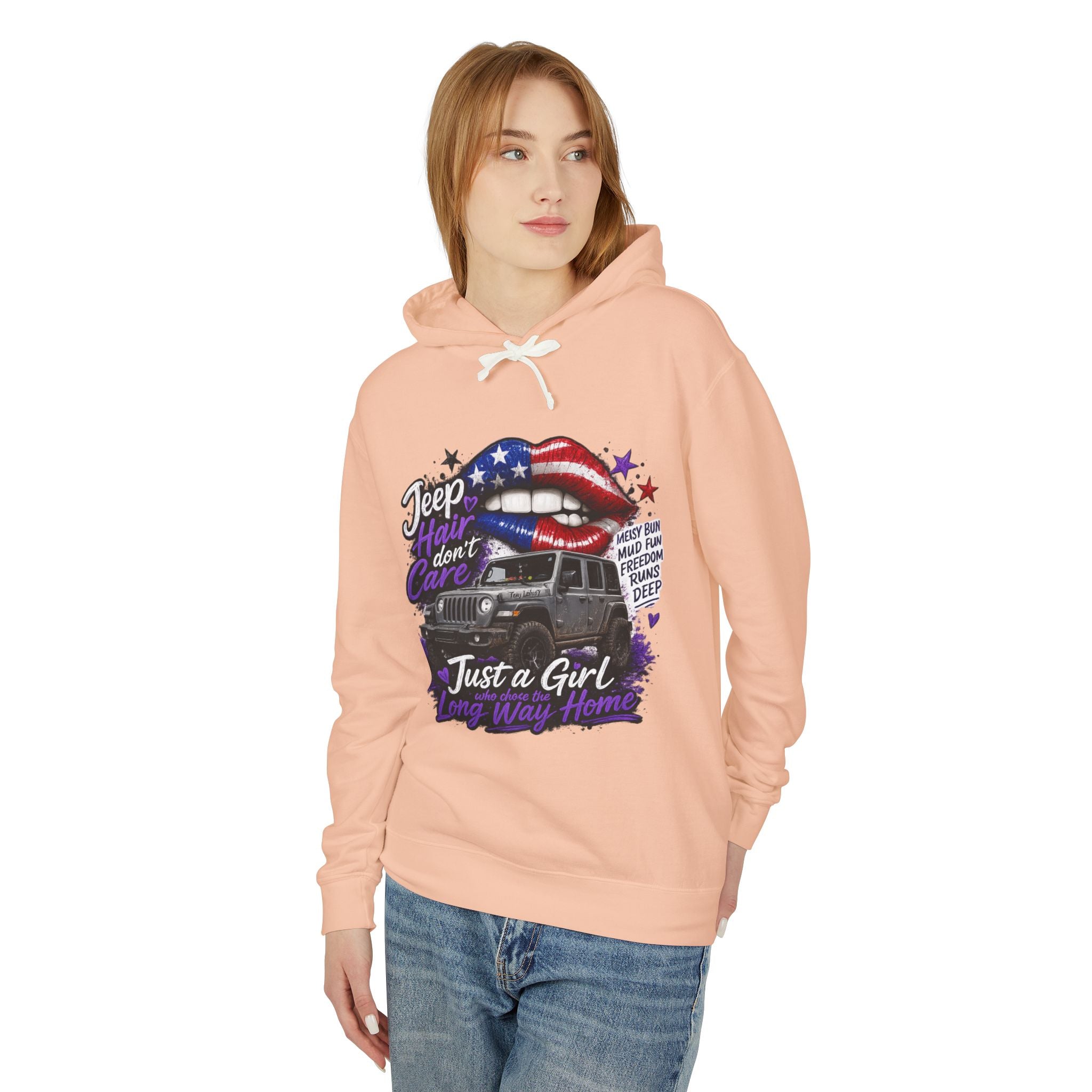 Jeep Just a Girl Hoodie – American Flag Lips Off-Road Sweatshirt