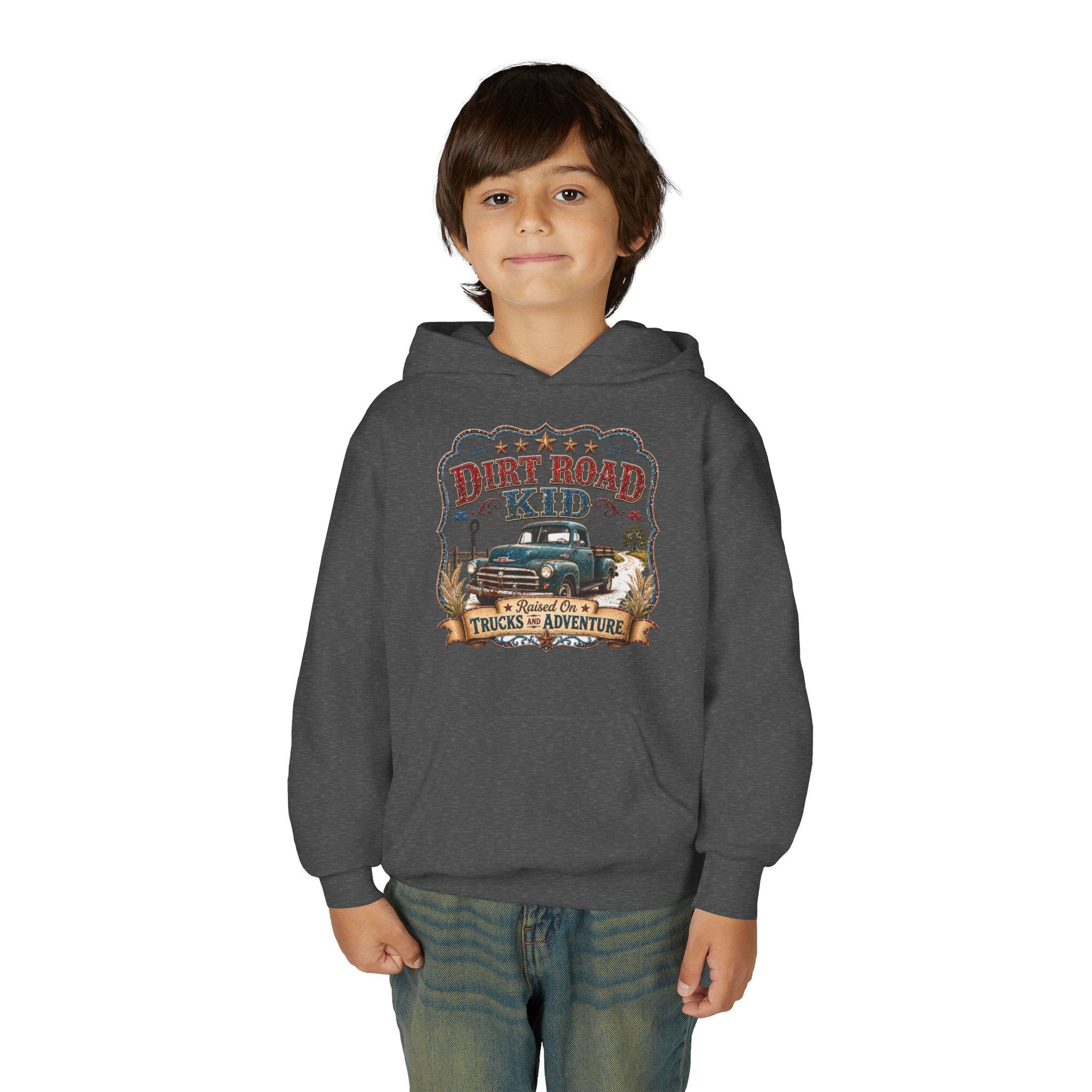 Youth Hoodie — “Dirt Road Kid” Vintage Truck Adventure Sweatshirt