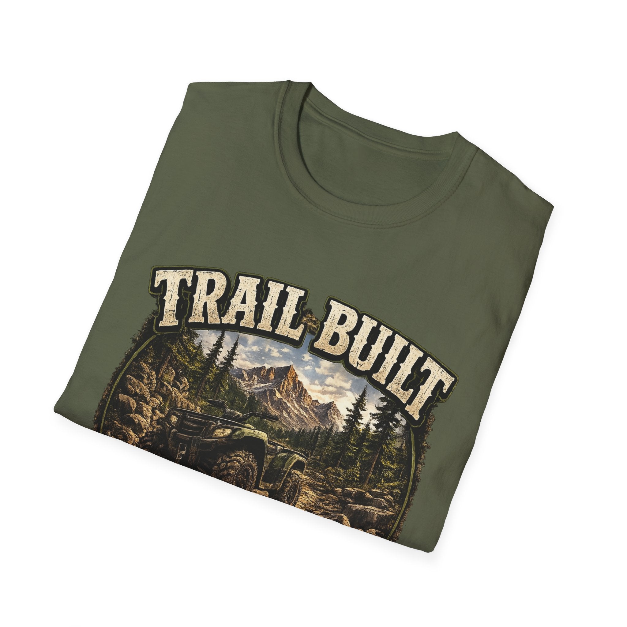 Trail-Built T-Shirt — Mountain Forest Adventure Tee ("Trail Built: Character Is Built Where The Pavement Ends")