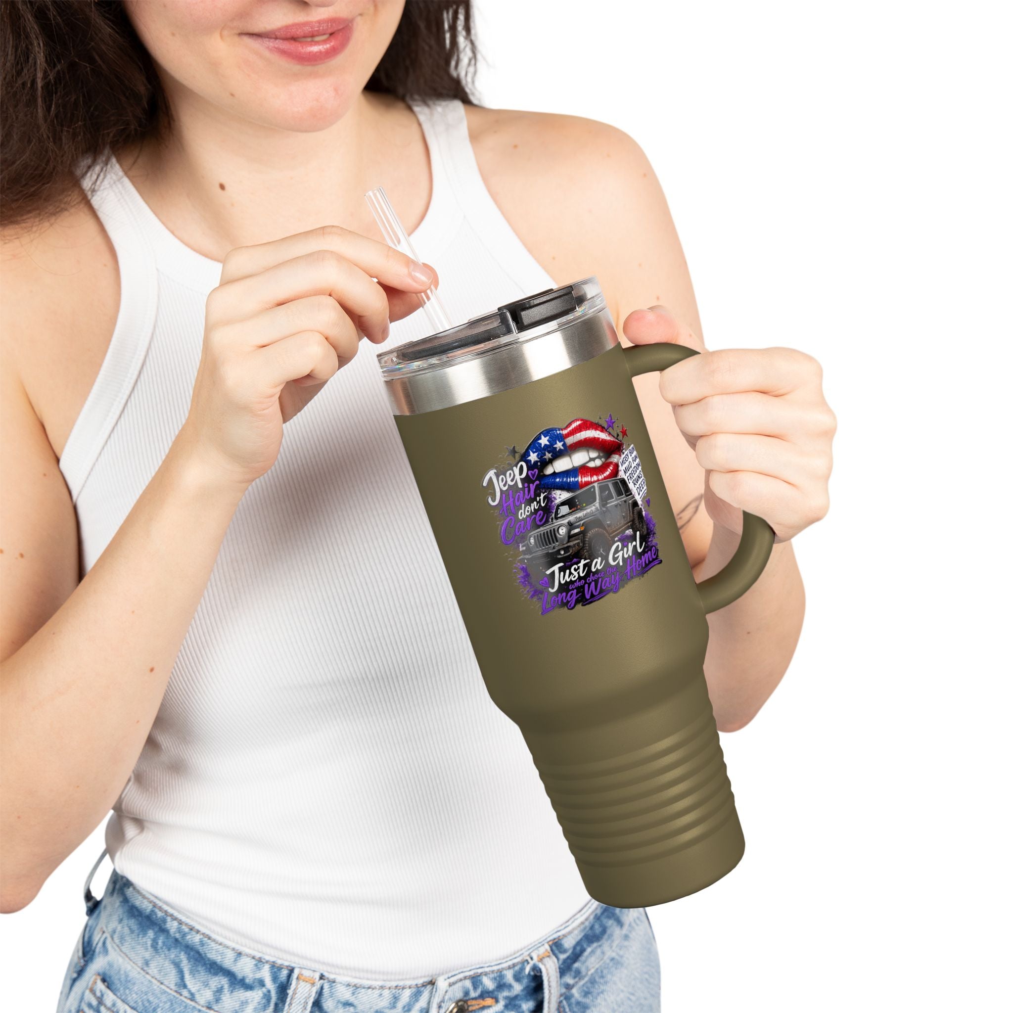 "Jeep Hair Don't Care" Patriotic Truck Design — 40oz Insulated Travel Mug