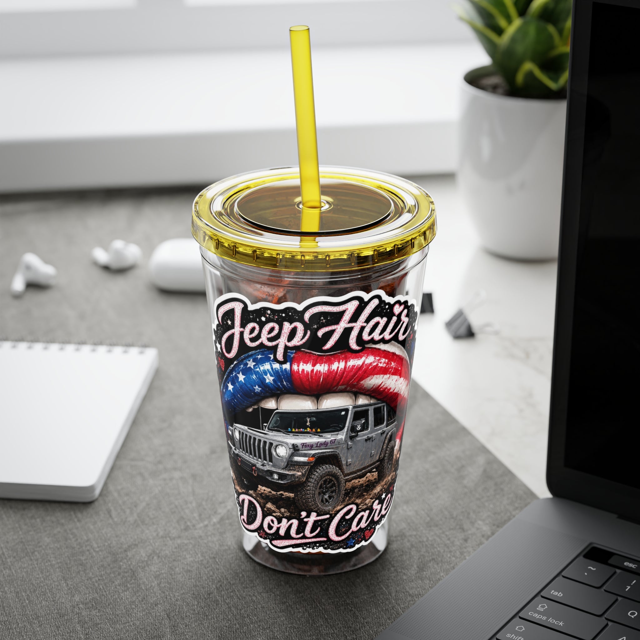 Jeep Hair Don't Care 16oz Tumbler with Straw — Patriotic Off-Road Truck Design