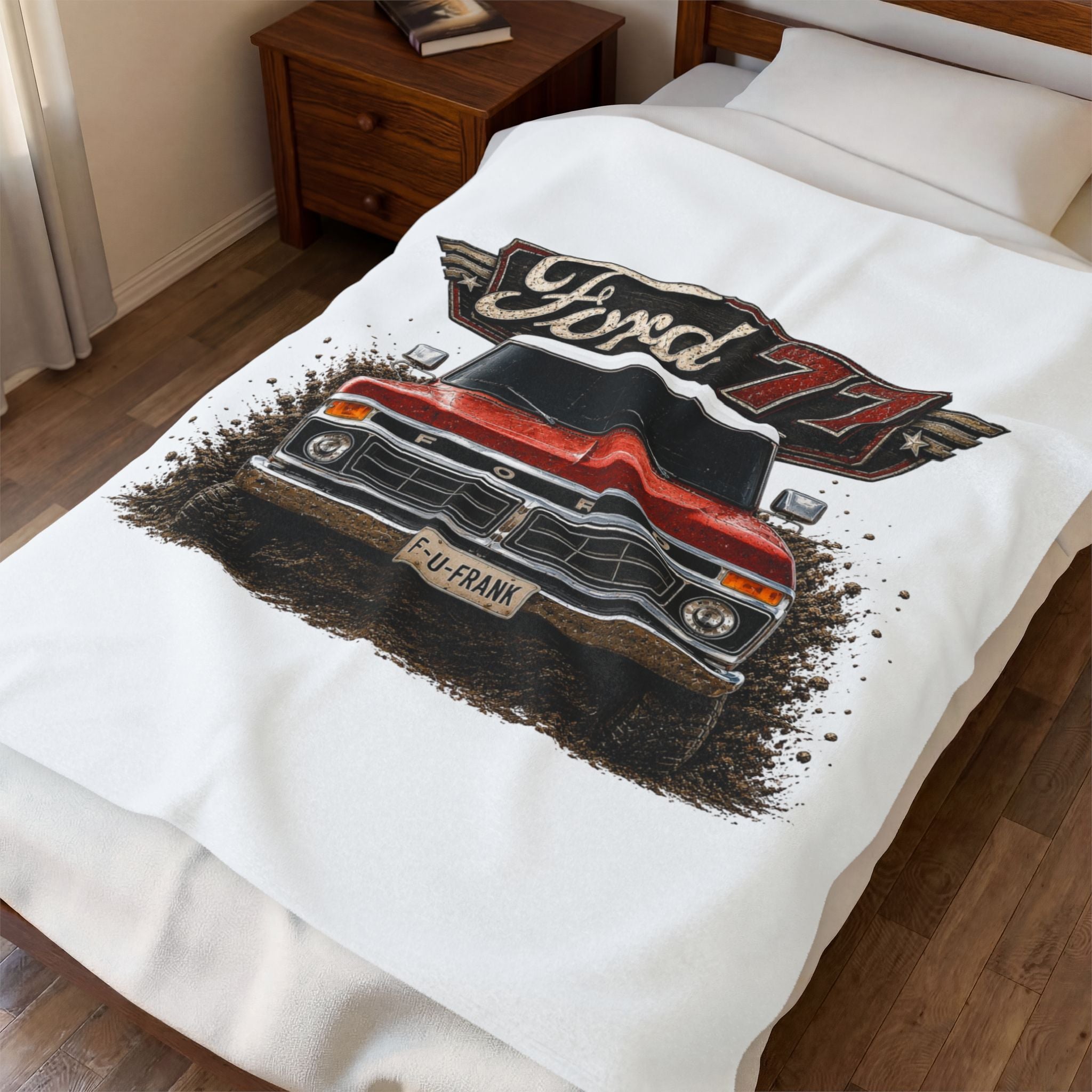Ford '77 Vintage Truck Velveteen Plush Blanket – Retro Red Pickup Design