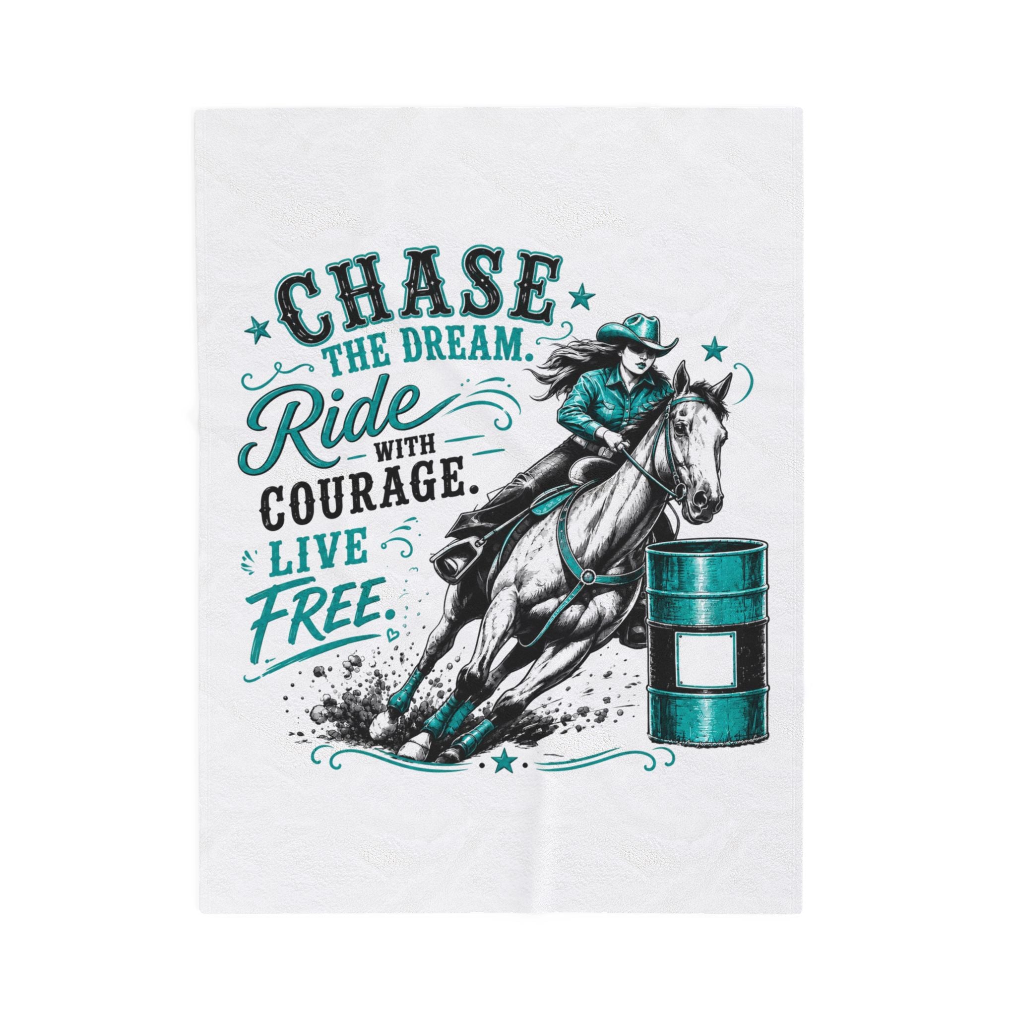 "Chase the Dream: Ride with Courage, Live Free" (Teal) Barrel Racing Horse Throw — Velveteen Plush Blanket